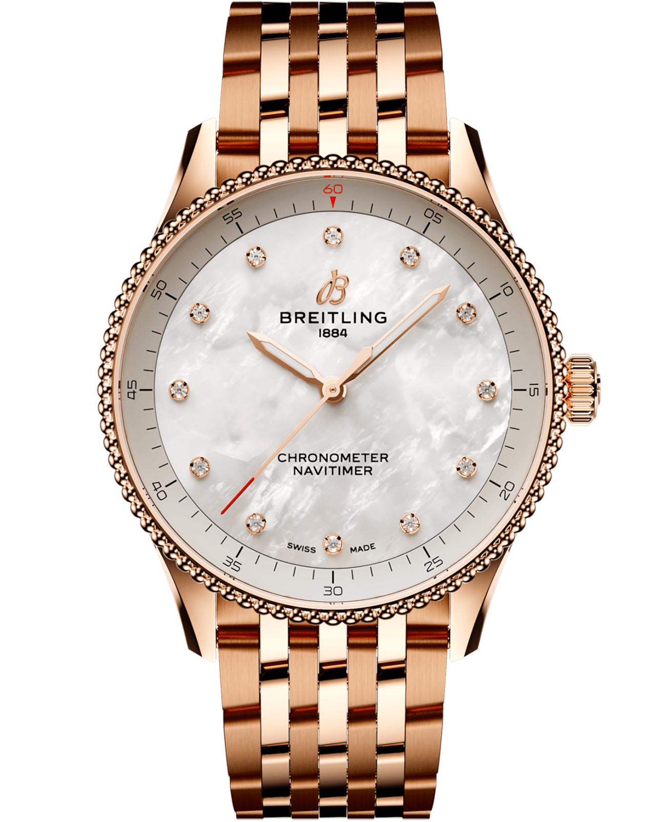 Breitling Breitling Navitimer Automatic 32 R77320E61A1R1  R77320E61A1R1 механические мужские часы перламутровый циферблат, браслет 18-каратное красное золото — вид спереди