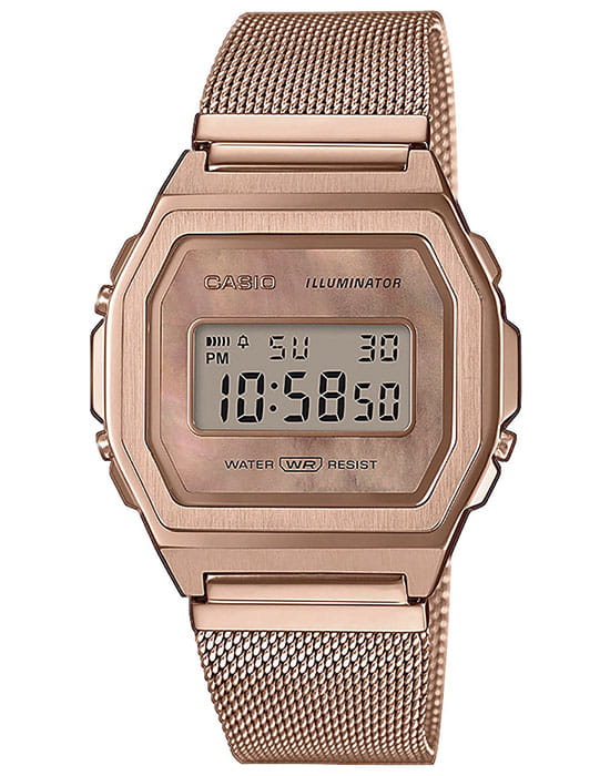 Casio Casio Collection A1000MPG-9 Retro A1000MPG-9EF электронные мужские часы розовый циферблат, браслет сталь с ip покрытием — вид спереди