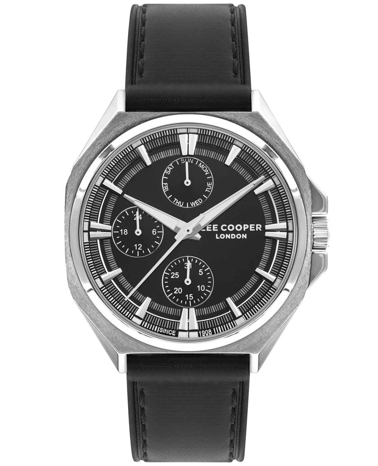 Lee Cooper Lee Cooper LC07568.351  LC07568.351 кварцевые мужские часы черный циферблат, браслет кожаный — вид спереди