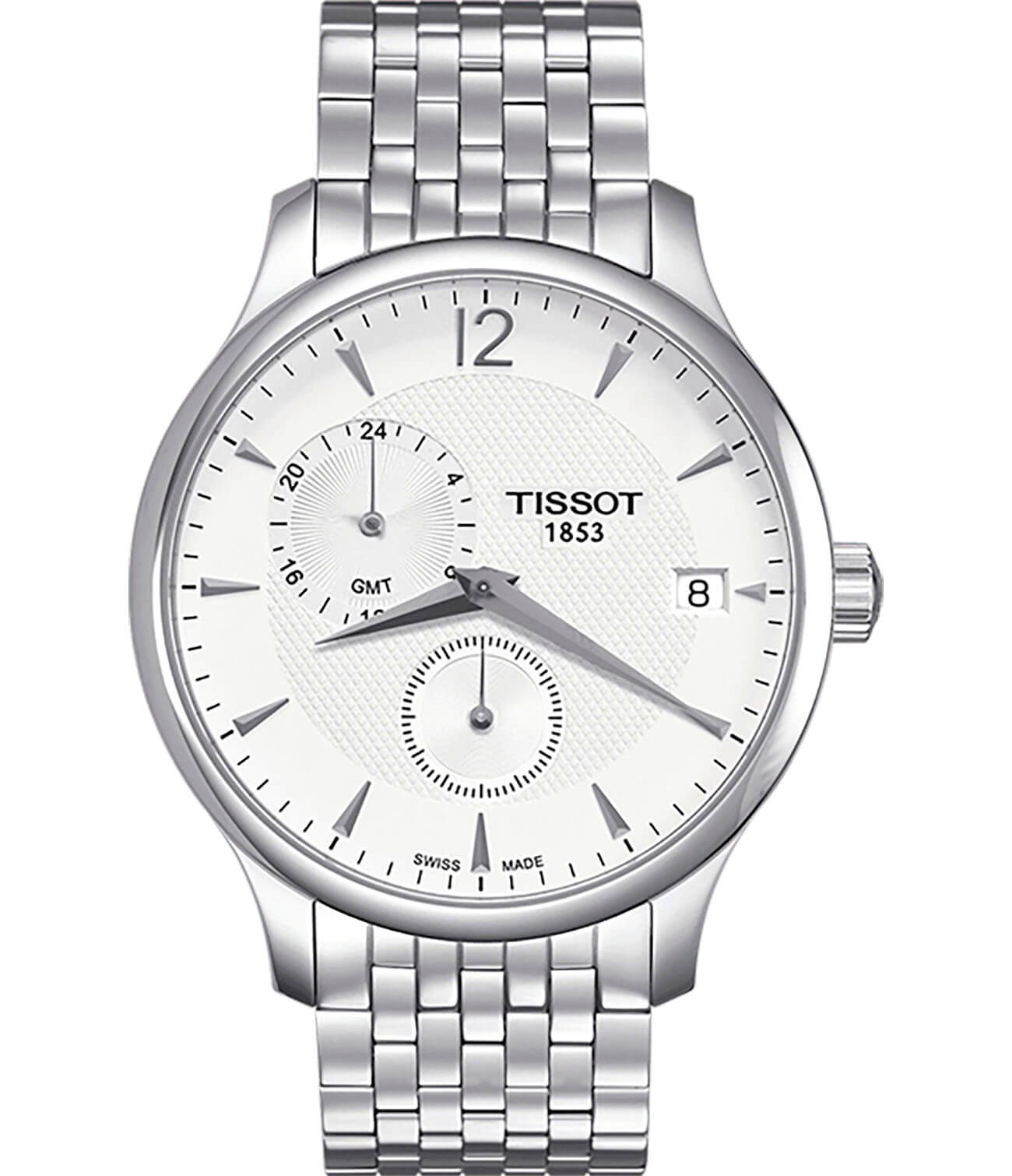 Tissot Tissot Tradition GMT T063.639.11.037.00 Tradition T0636391103700 кварцевые мужские часы белый циферблат, браслет нержавеющая сталь — вид спереди