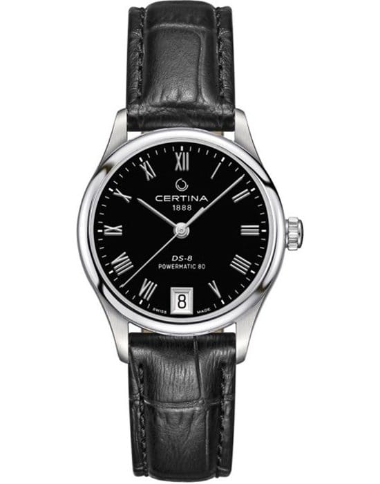Certina Certina DS-8 Lady Powermatic 80 C033.207.16.053.00 DS 8 C0332071605300 механические женские часы черный циферблат, браслет кожаный — вид спереди