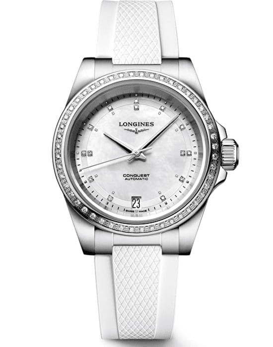 Longines Longines Conquest L3.430.0.87.9  L34300879 механические женские часы перламутровый циферблат, браслет силикон — вид спереди
