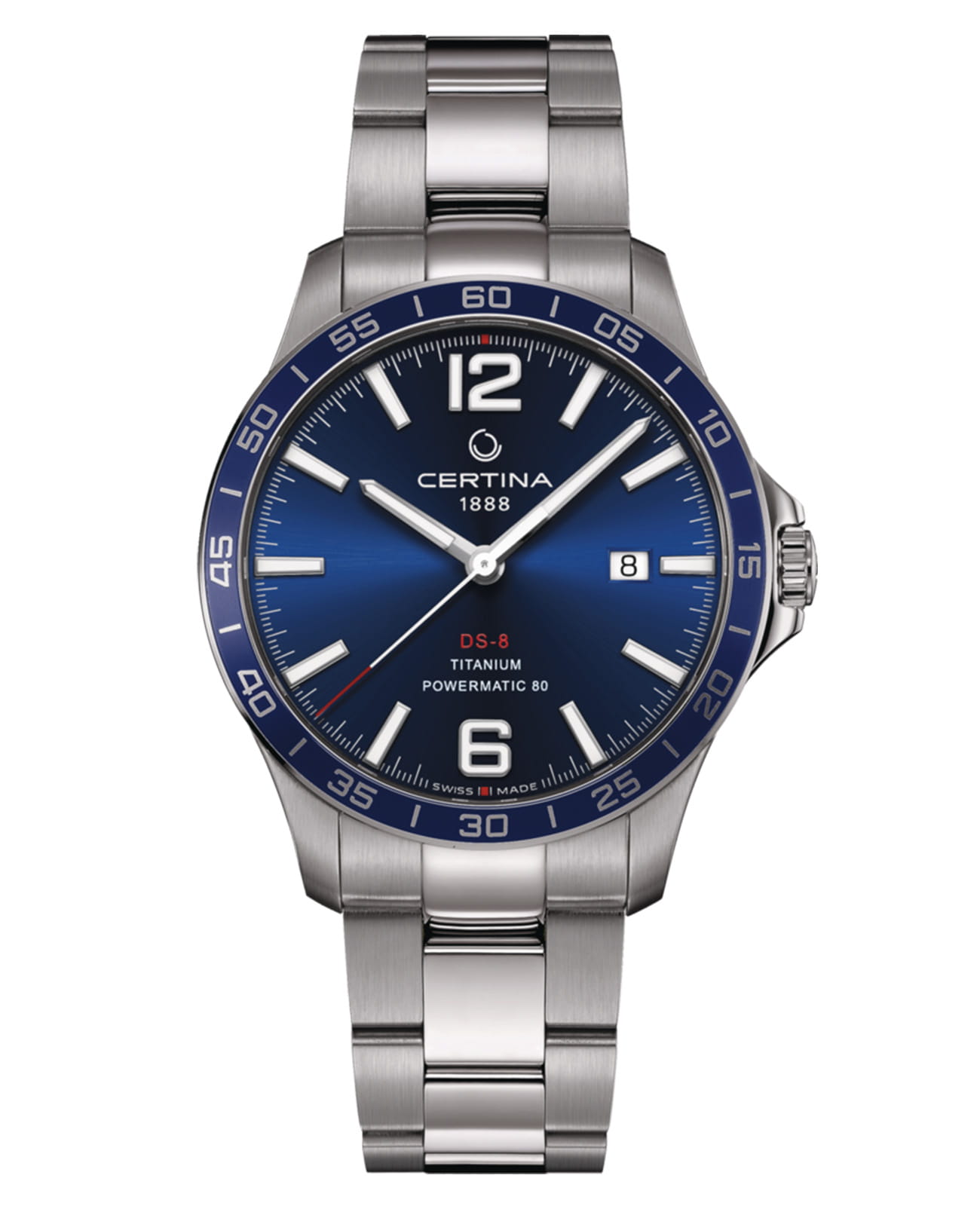 Certina Certina DS-8 C033.807.44.047.00 DS 8 C0338074404700 механические мужские часы синий циферблат, браслет титановый — вид спереди