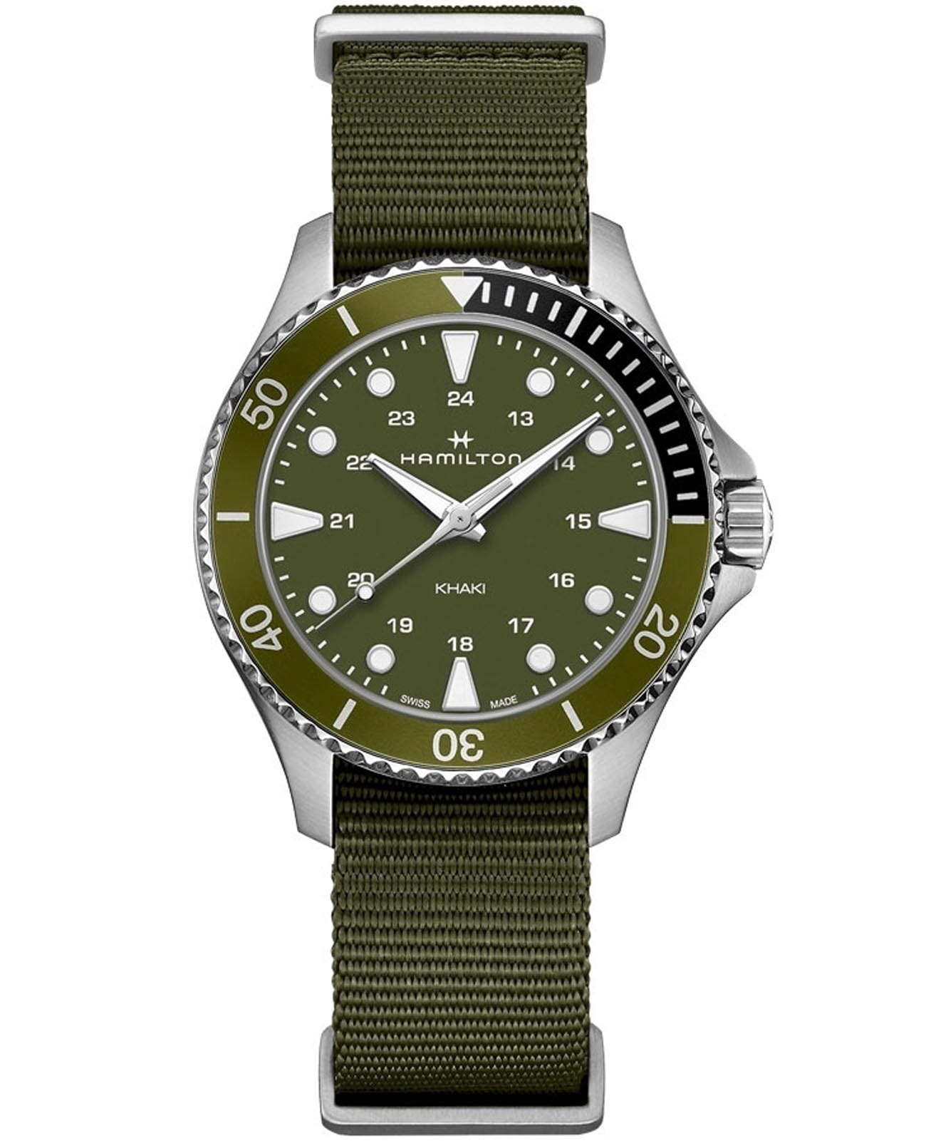 Hamilton Hamilton Khaki Navy Scuba Quartz H82241961  H82241961 кварцевые мужские часы зеленый циферблат, браслет тканевый — вид спереди