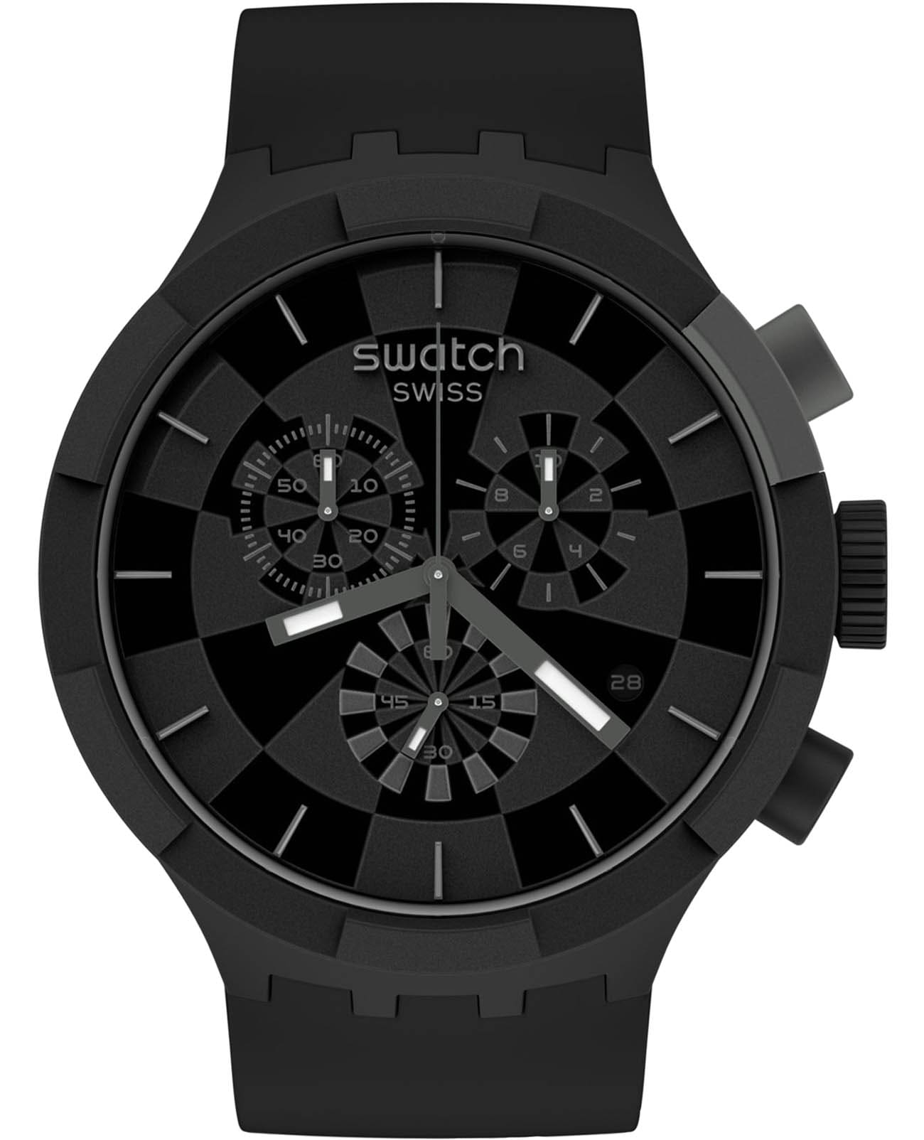 Swatch Swatch Big Bold Chrono SB02B400  SB02B400 кварцевые мужские часы черный циферблат, браслет силикон — вид спереди