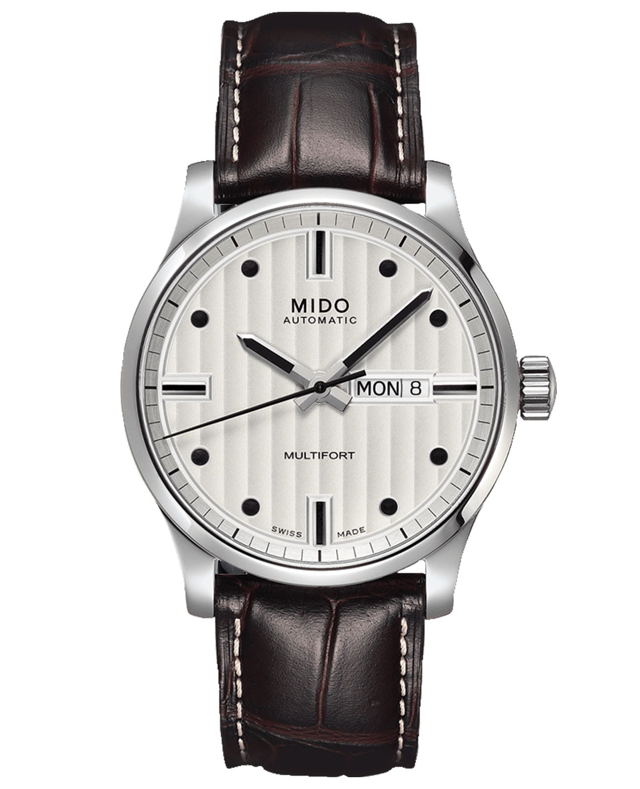 Mido Mido Multifort Gent M005.430.16.031.80  M0054301603180 механические мужские часы серебристый циферблат, браслет кожаный — вид спереди