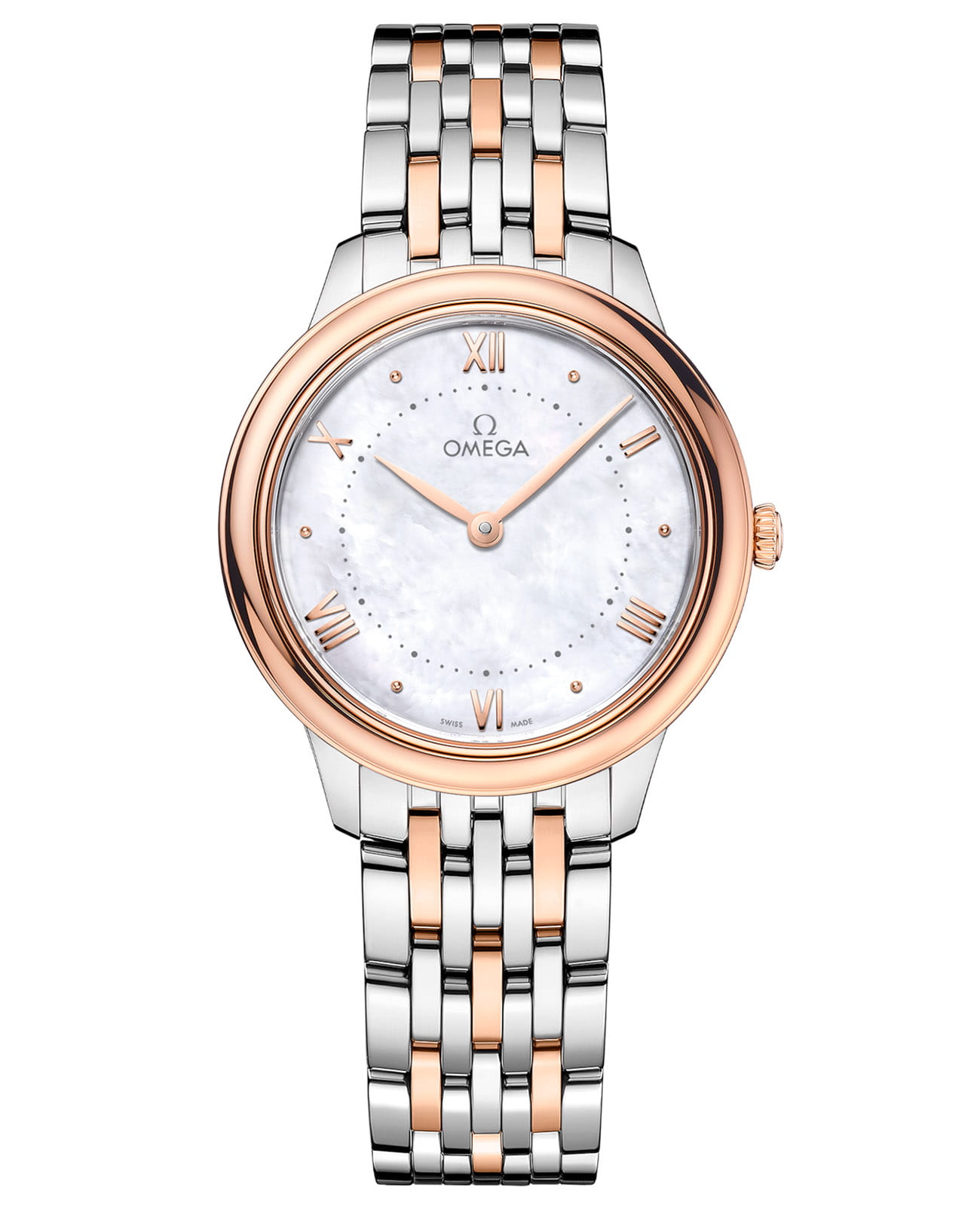 Omega Omega De Ville Prestige 434.20.30.60.05.001   Prestige 43420306005001 кварцевые женские часы перламутровый циферблат, браслет сталь + золото — вид спереди