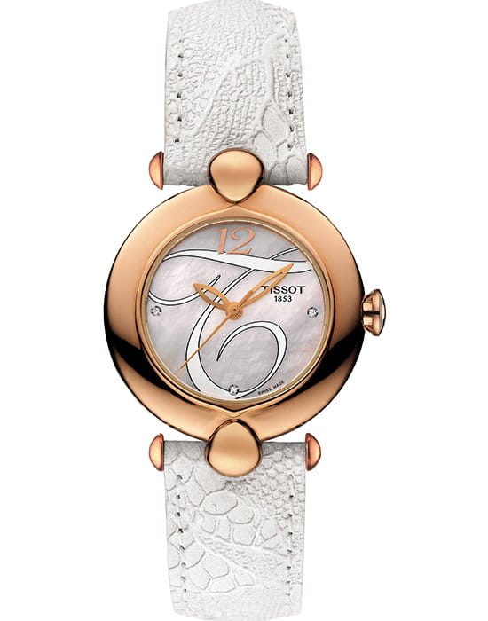 Tissot Tissot Pretty Lady 18K Gold T918.210.76.116.01  T9182107611601 кварцевые женские часы перламутровый циферблат, браслет кожаный — вид спереди