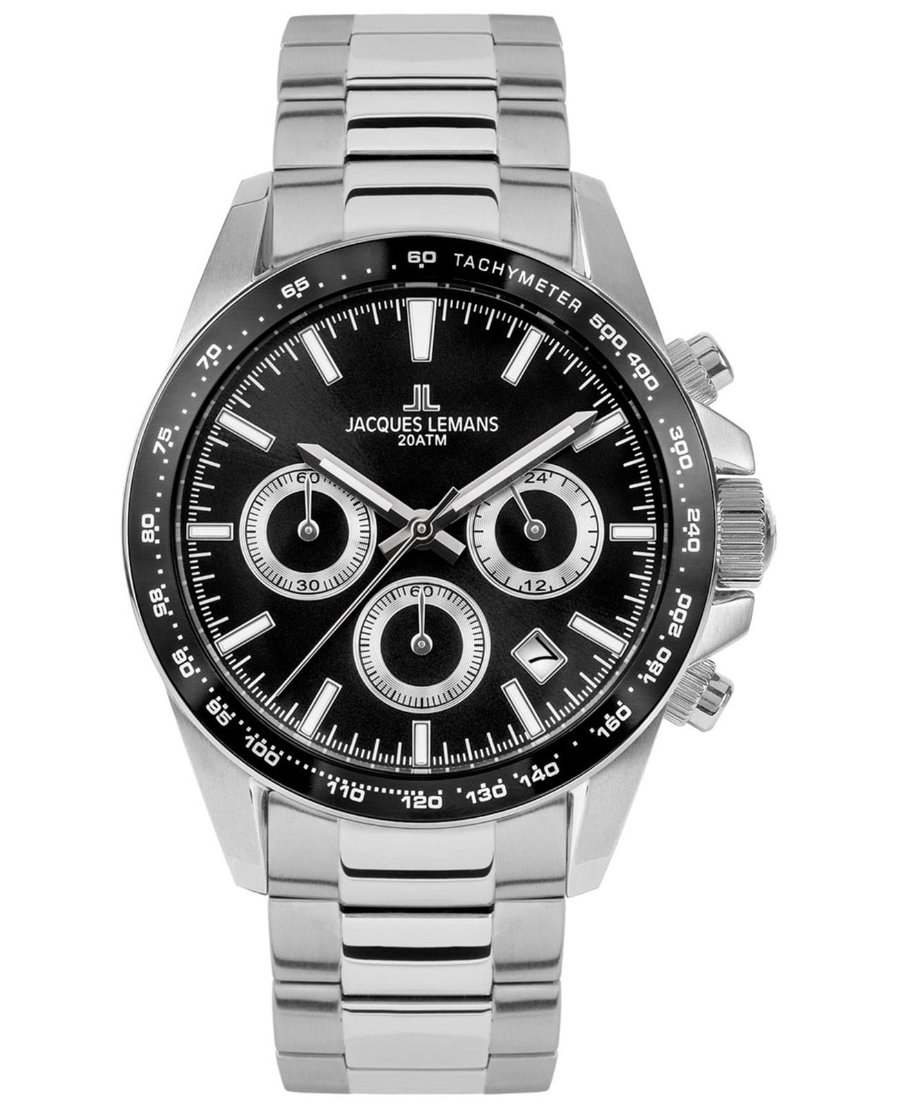 Jacques Lemans Jacques Lemans Liverpool 1-1877E  1-1877E кварцевые мужские часы черный циферблат, браслет нержавеющая сталь — вид спереди