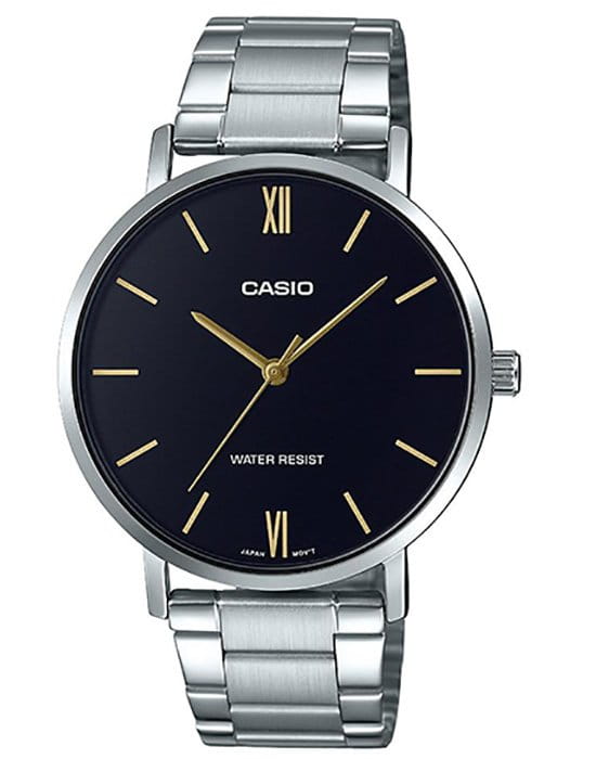 Casio Casio Collection MTP-VT01D-1BUDF (MTP-VT01D-1B)  MTP-VT01D-1B кварцевые мужские часы черный циферблат, браслет нержавеющая сталь — вид спереди