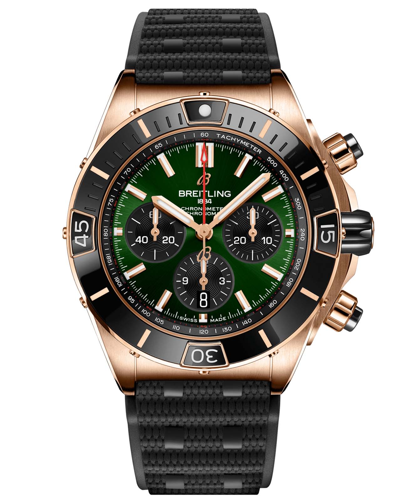 Breitling Breitling Super Chronomat B01 44 RB01361A1L1S1  RB01361A1L1S1 механические мужские часы зеленый циферблат, браслет каучук — вид спереди