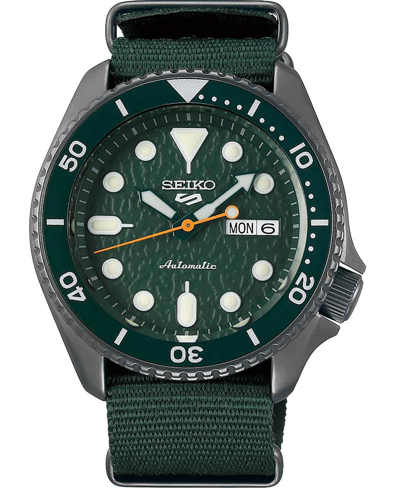 Seiko Seiko 5 Sports SRPD77K1S  SRPD77K1S механические мужские часы зеленый циферблат, браслет нейлон — вид спереди