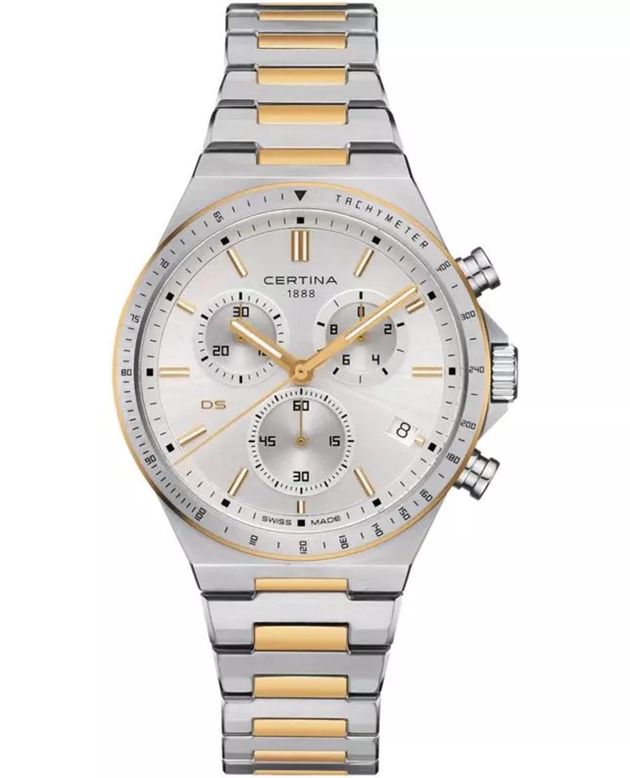Certina Certina DS-7 Chronograph C043.417.22.031.00  C0434172203100 механические мужские часы серебристый циферблат, браслет нержавеющая сталь с pvd-покрытием — вид спереди