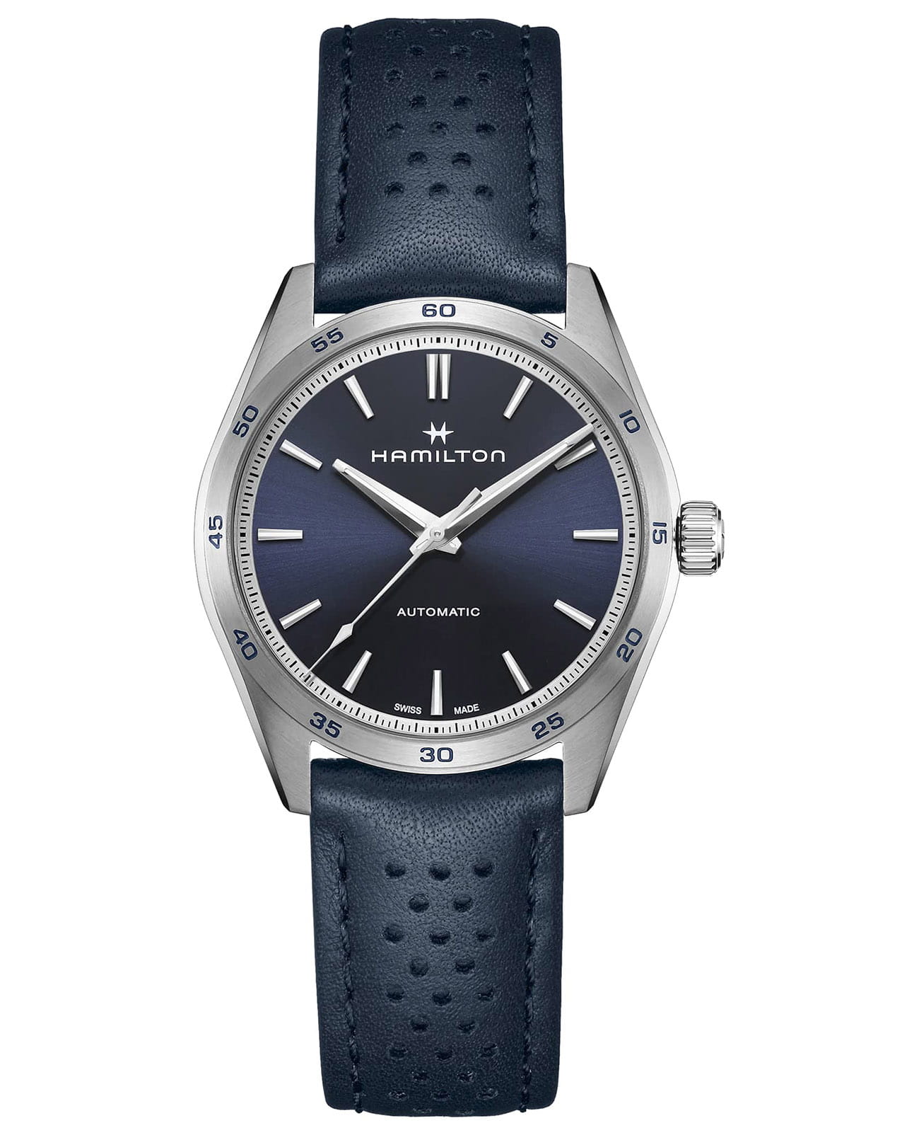 Hamilton Hamilton Jazzmaster Performer Auto H36215640  H36215640 механические мужские часы синий циферблат, браслет кожаный — вид спереди