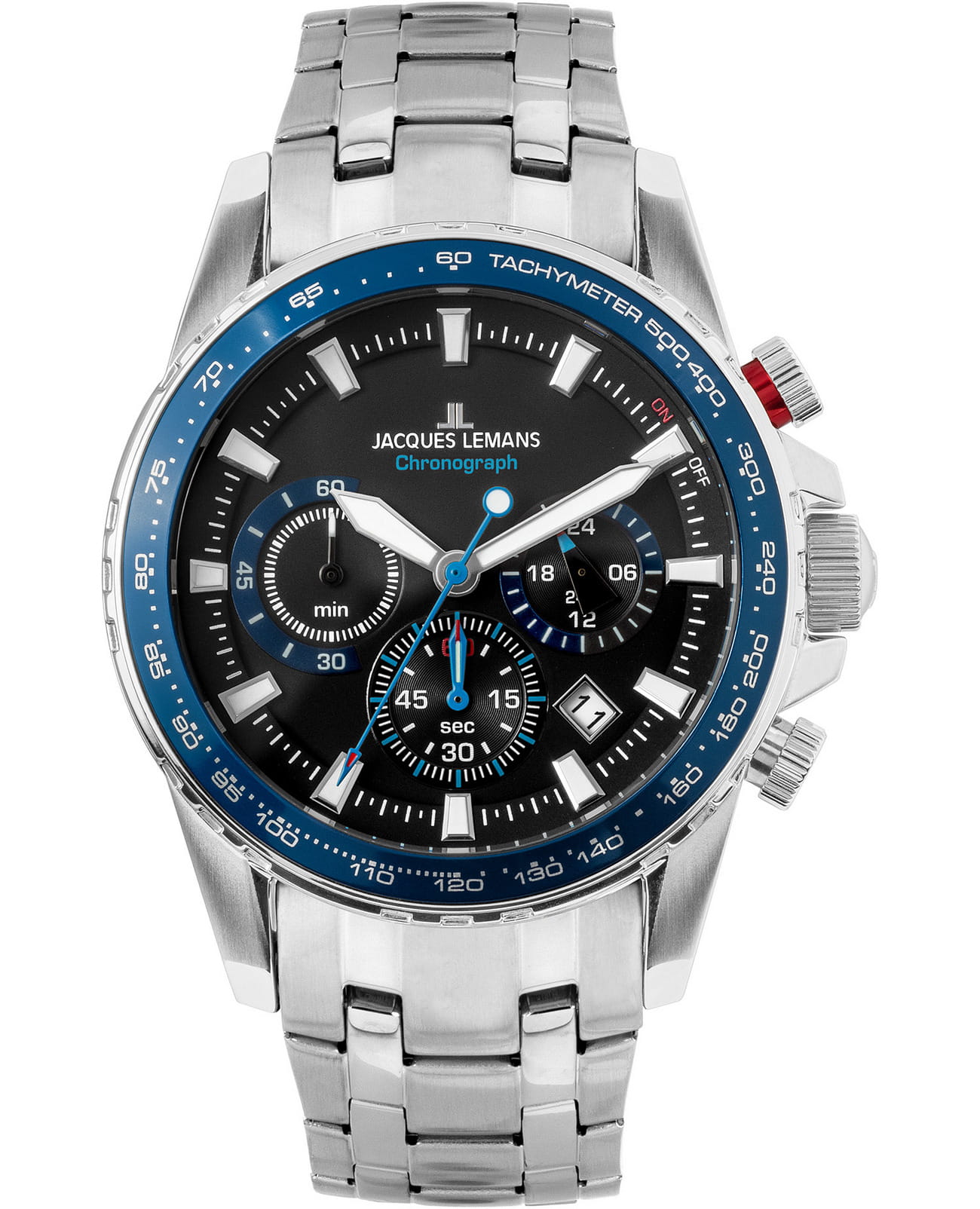 Jacques Lemans Jacques Lemans  Sport 1-2099E  1-2099E кварцевые мужские часы черный циферблат, браслет нержавеющая сталь — вид спереди