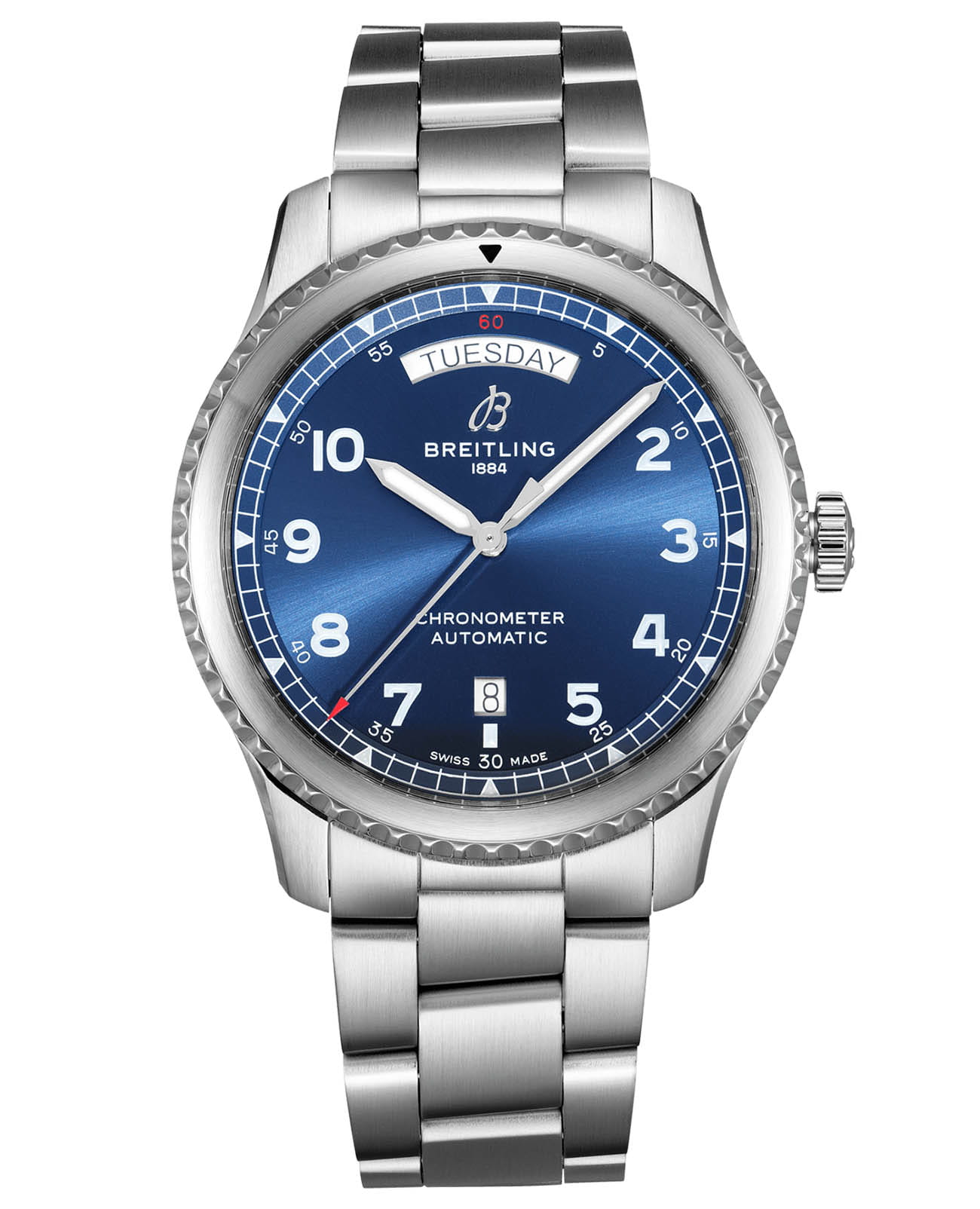 Breitling Breitling Aviator 8 Automatic Day & Date 41A45330101C1A1  A45330101C1A1 механические мужские часы синий циферблат, браслет нержавеющая сталь — вид спереди