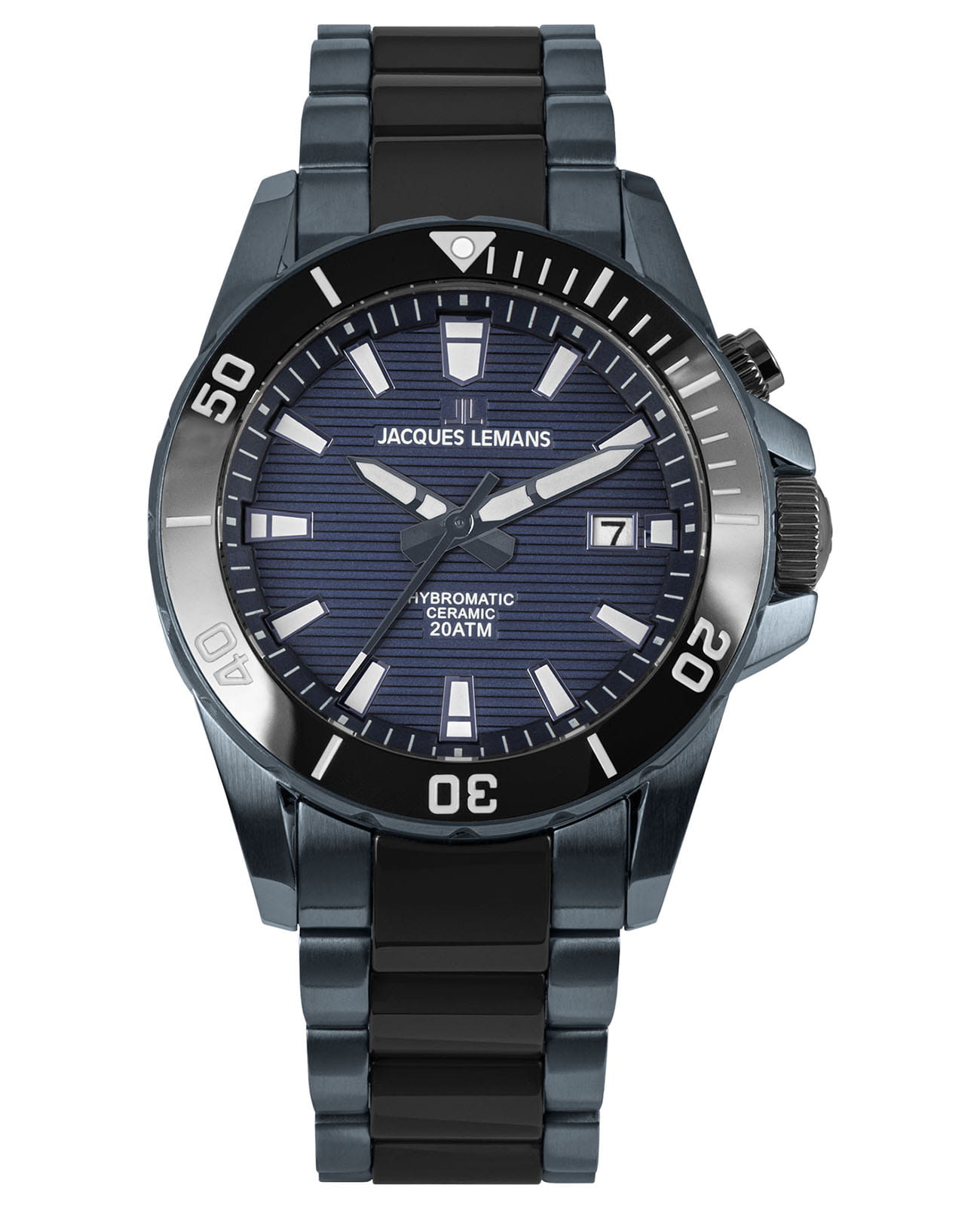 Jacques Lemans Jacques Lemans Hybromatic 1-2222B  1-2222B автокварц (кинетик) мужские часы синий циферблат, браслет сталь + pvd + керамика — вид спереди