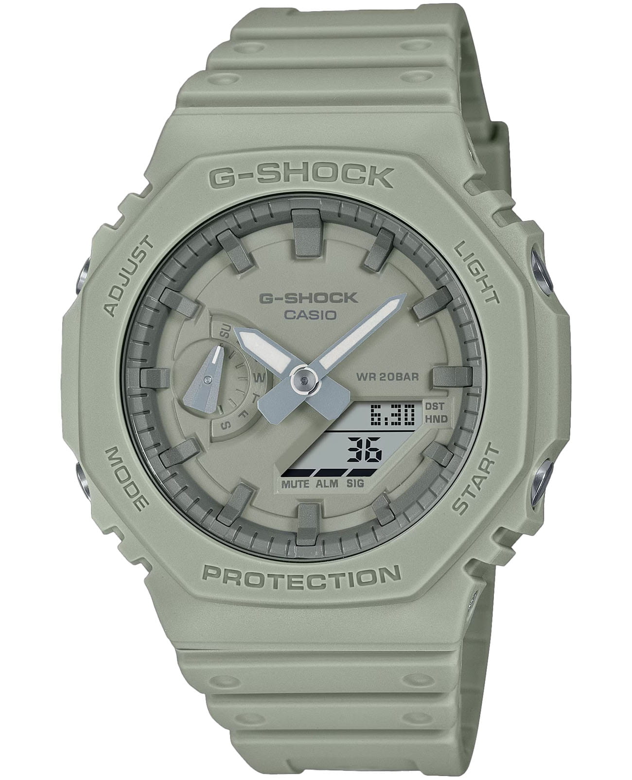 Casio Casio G-Shock GA-2100NC-3A GA-2100 GA-2100NC-3A электронные мужские часы зеленый циферблат, браслет пластик — вид спереди