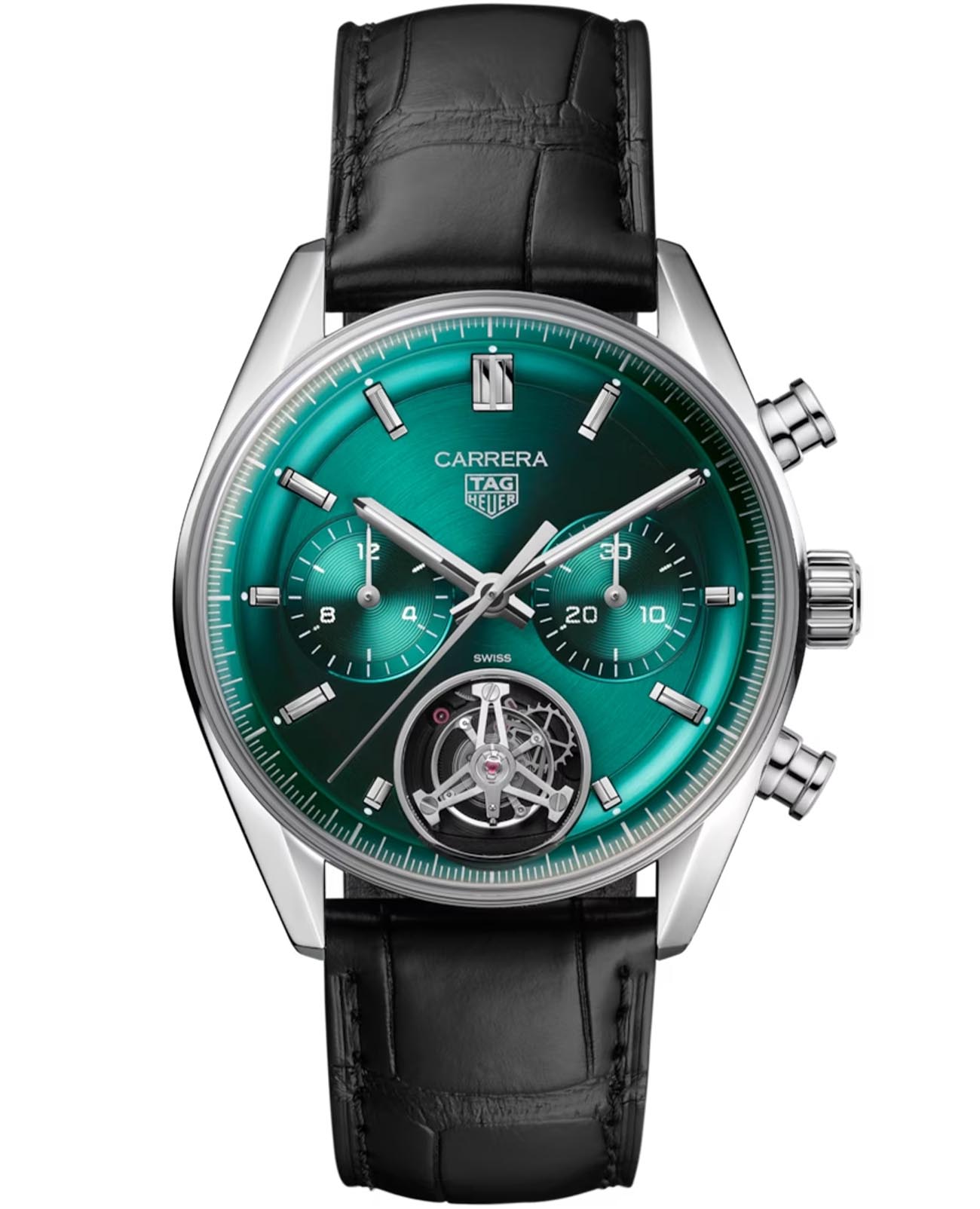 TAG Heuer TAG Heuer Carrera Chronograph Tourbillon CBS5011.FC6566  CBS5011.FC6566 механические мужские часы зеленый циферблат, браслет кожаный — вид спереди