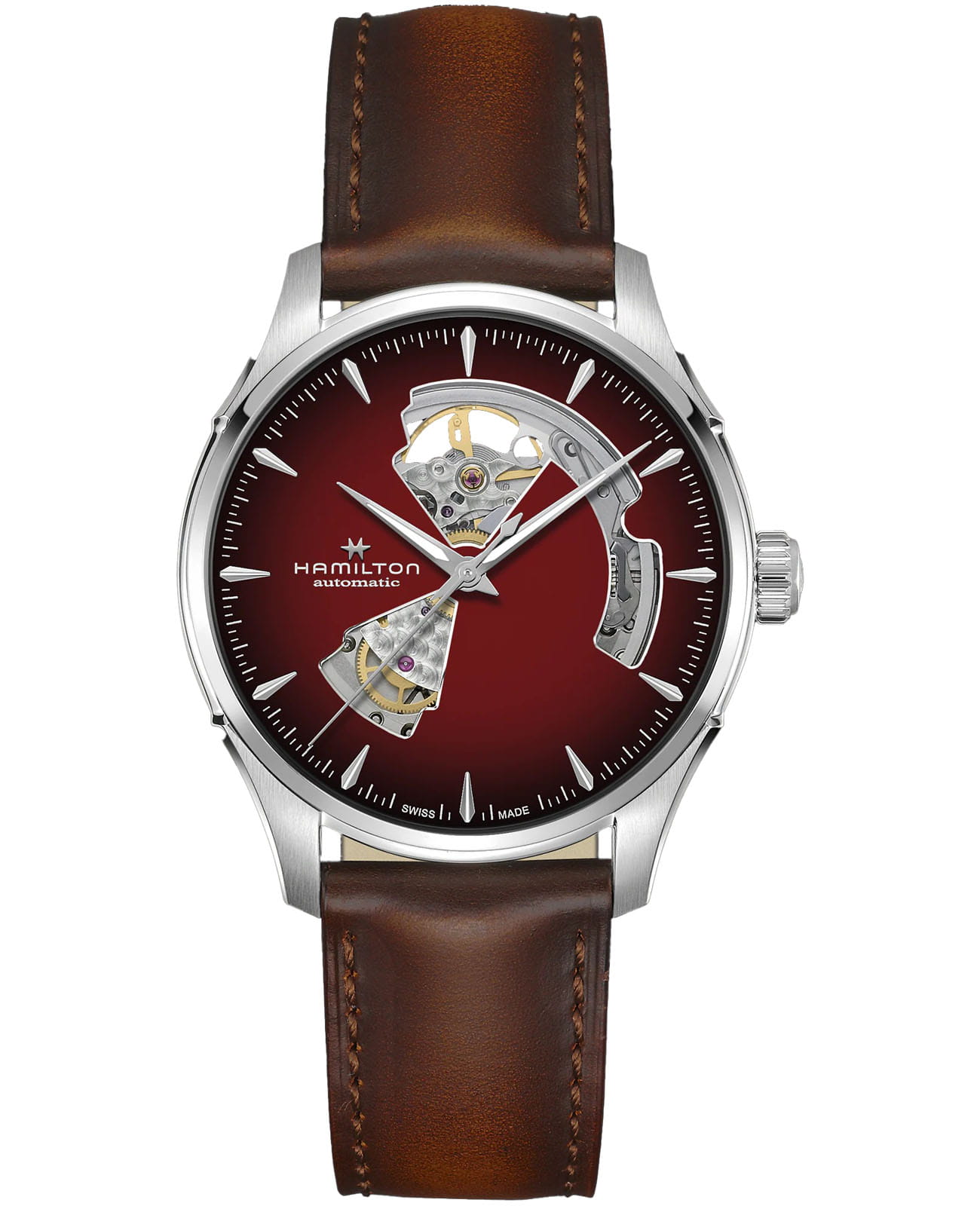 Hamilton Hamilton Jazzmaster Open Heart Auto H32675570  H32675570 механические мужские часы красный циферблат, браслет кожаный — вид спереди