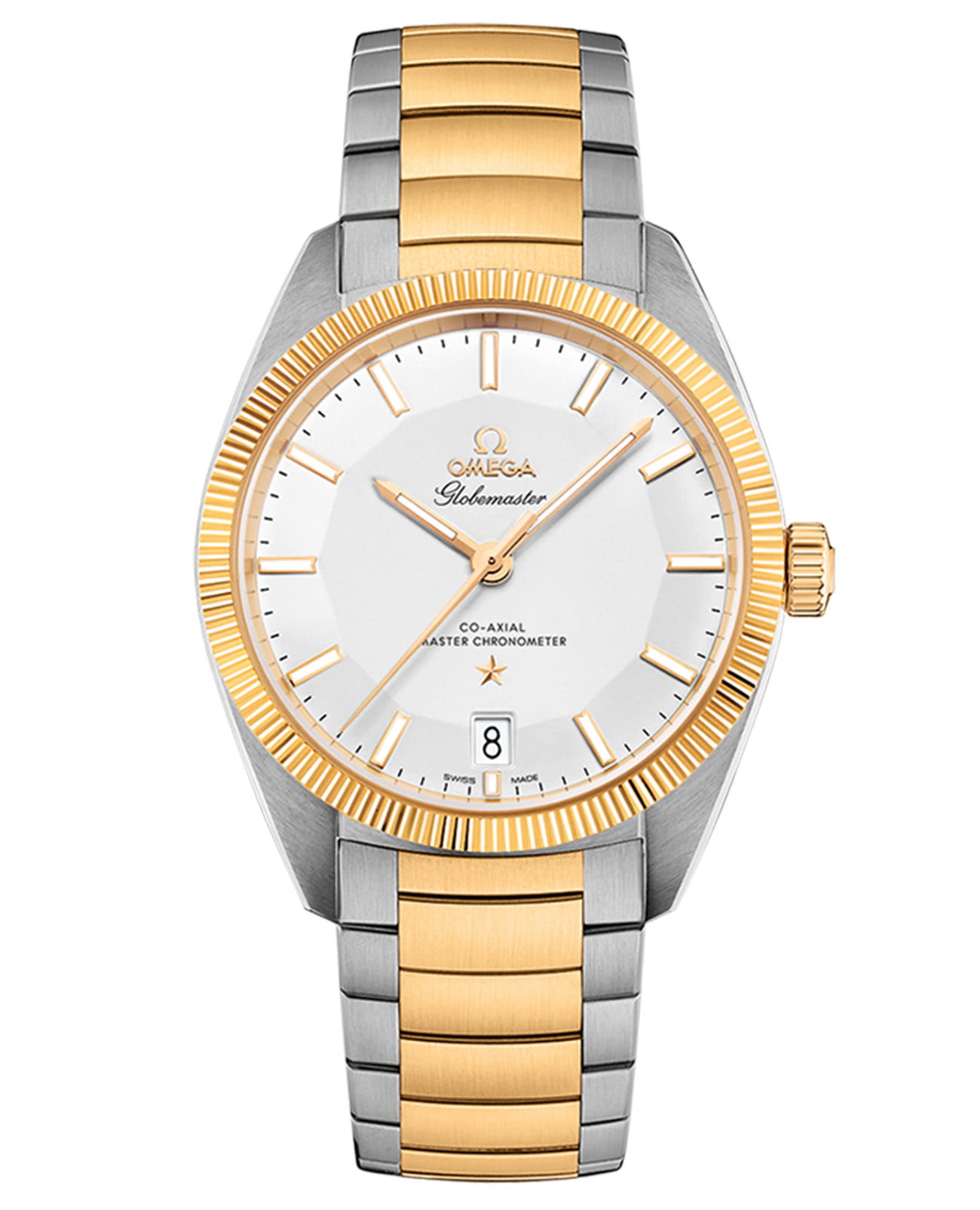 Omega Omega Constellation Globemaster 130.20.39.21.02.001 Globemaster 13020392102001 механические мужские часы серебристый циферблат, браслет сталь + золото — вид спереди
