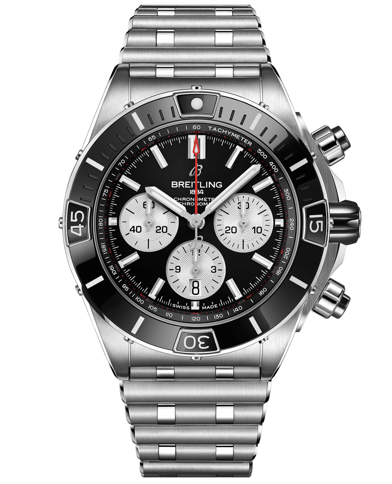 Breitling Breitling Super Chronomat B01 44 AB0136251B1A1  AB0136251B1A1 механические мужские часы черный циферблат, браслет нержавеющая сталь — вид спереди