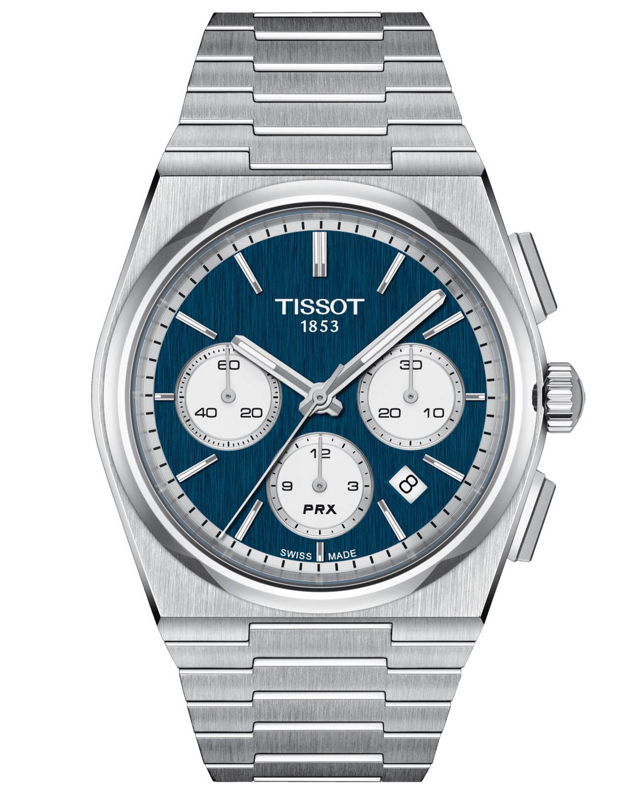 Tissot Tissot PRX Automatic Chronograph T137.427.11.041.00  T1374271104100 механические мужские часы синий циферблат, браслет нержавеющая сталь — вид спереди