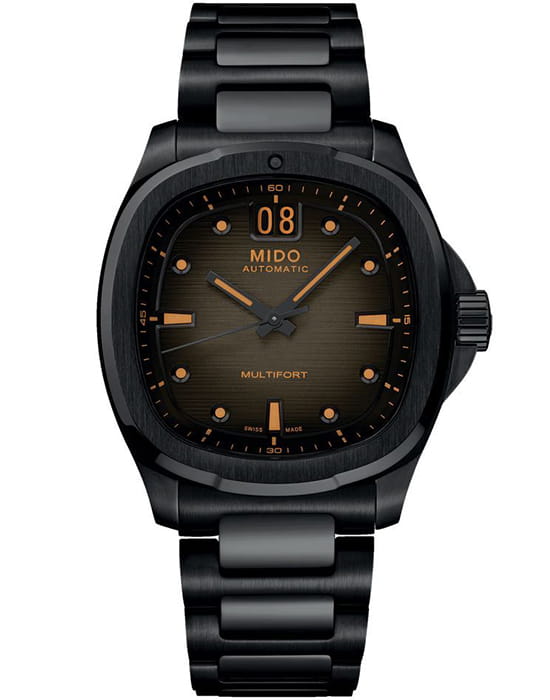Mido Mido Multifort TV Big Date M049.526.33.081.00  M0495263308100 механические мужские часы коричневый циферблат, браслет нержавеющая сталь с pvd-покрытием — вид спереди