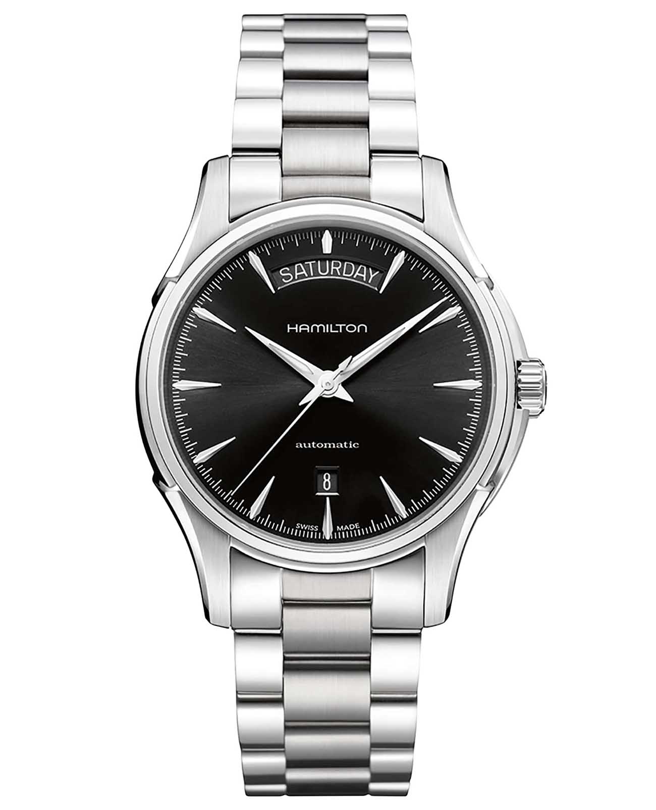 Hamilton Hamilton Jazzmaster Day Date Auto H32505131  H32505131 механические мужские часы черный циферблат, браслет нержавеющая сталь — вид спереди