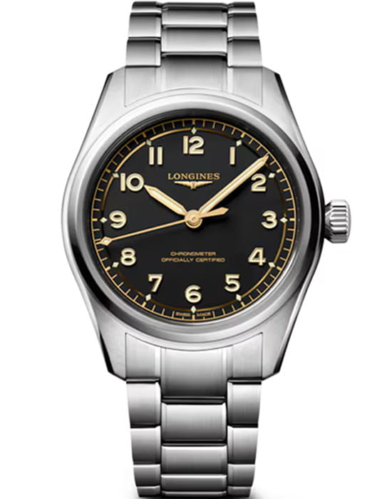 Longines Longines Spirit Pilot 39 mm L3.809.4.53.6  L38094536 механические мужские часы черный циферблат, браслет нержавеющая сталь — вид спереди