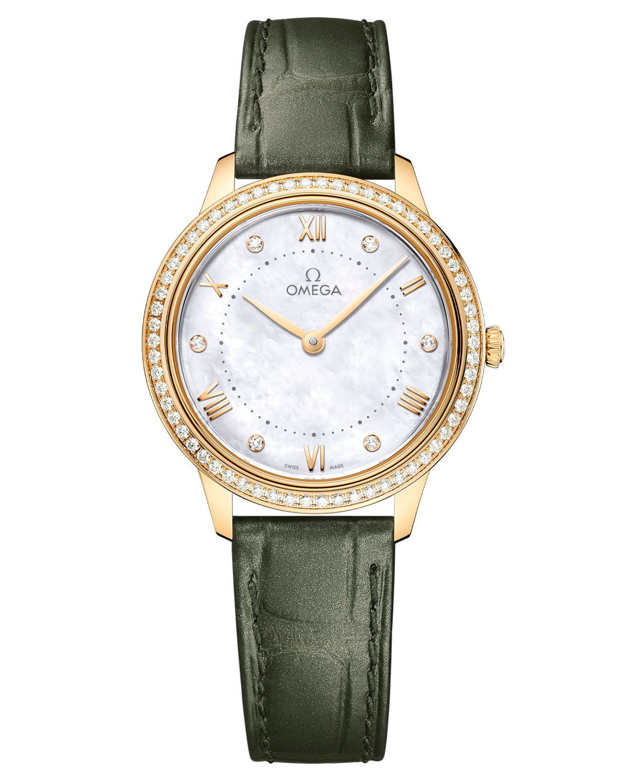 Omega Omega De Ville Prestige 434.58.30.60.55.002 Prestige 43458306055002 кварцевые женские часы перламутровый циферблат, браслет кожаный — вид спереди