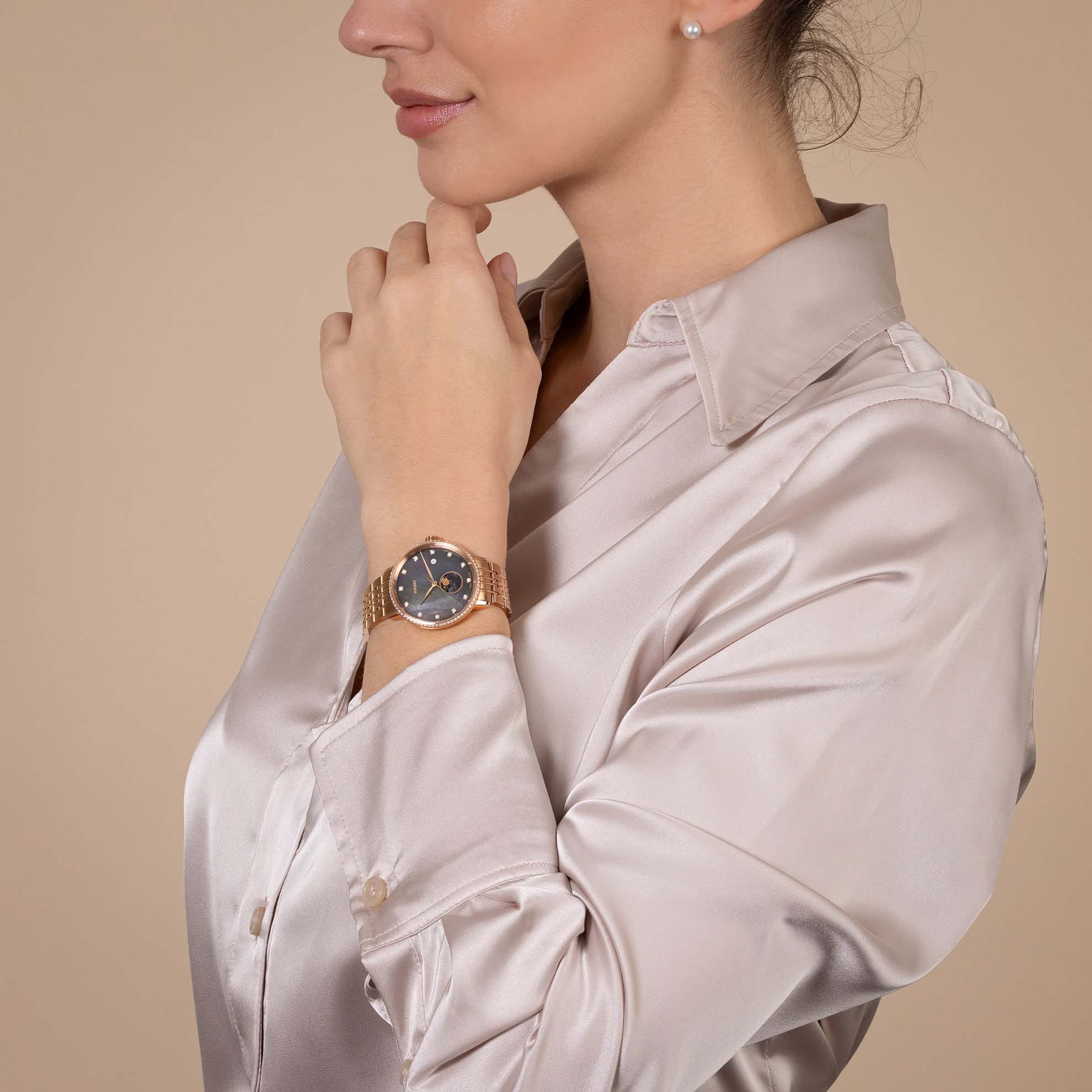 Rado Rado Coupole Diamonds Moonphase R22885903, coupole швейцария женские часы на браслете нержавеющая сталь с pvd-покрытием боковой вид