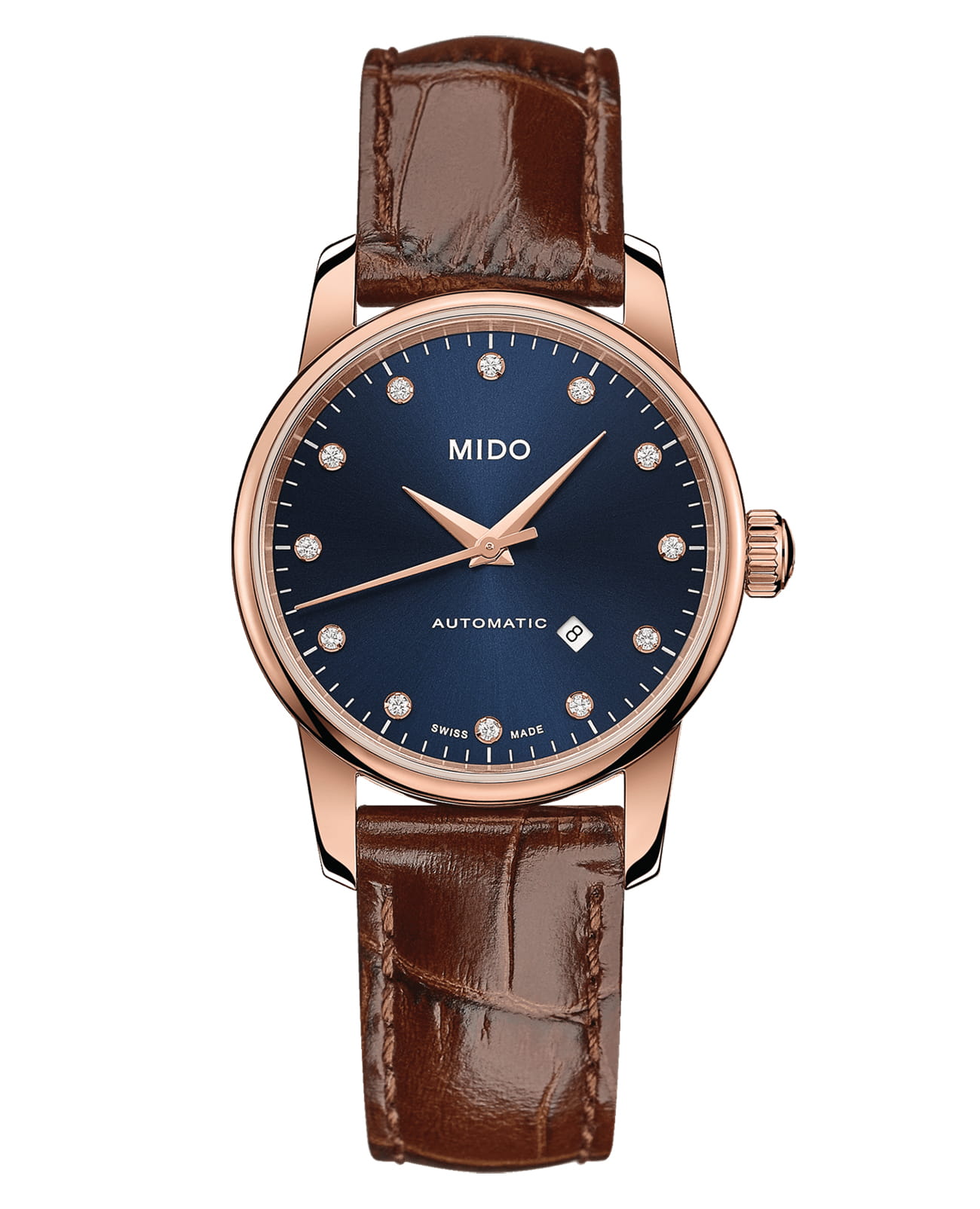 Mido Mido Baroncelli M7600.3.65.8  M76003658 механические женские часы синий циферблат, браслет кожаный — вид спереди