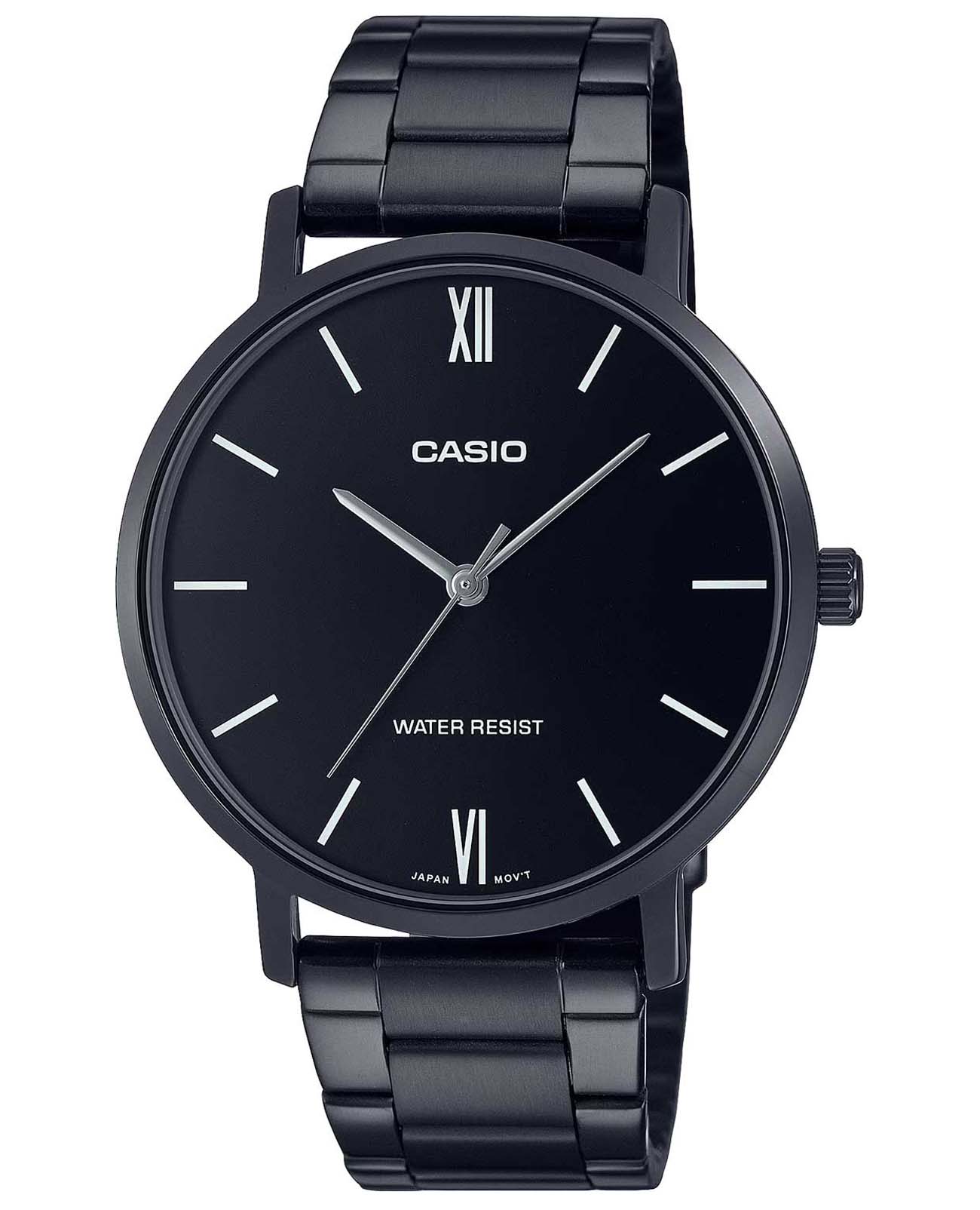 Casio Casio Collection MTP-VT01B-1BUDF (MTP-VT01B-1B)  MTP-VT01B-1B кварцевые мужские часы черный циферблат, браслет нержавеющая сталь с ip-покрытием — вид спереди