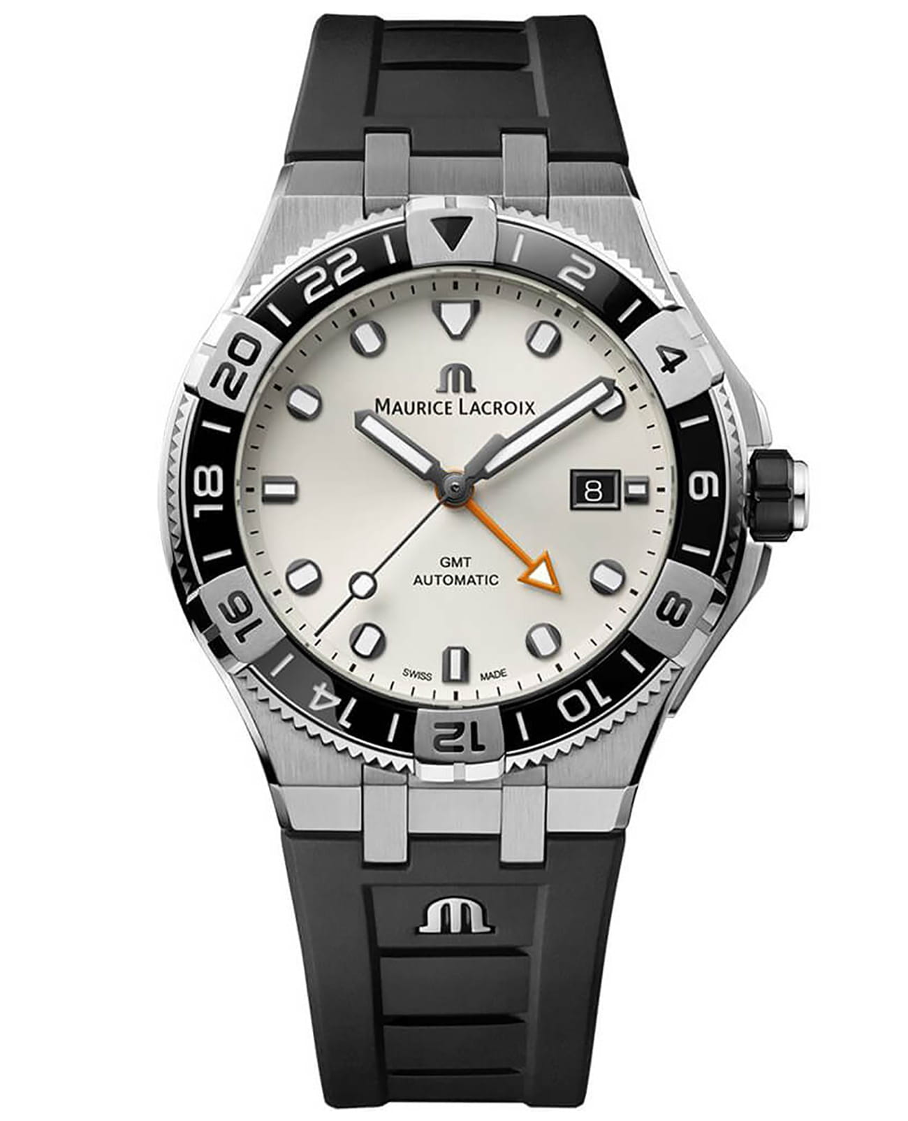 Maurice Lacroix Maurice Lacroix Aikon Venturer GMT AI6158-SS001-130-2  AI6158-SS001-130-2 механические мужские часы белый циферблат, браслет каучук — вид спереди