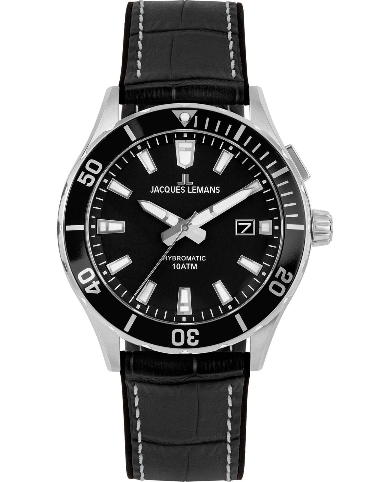 Jacques Lemans Jacques Lemans Hybromatic 1-2131A  1-2131A автокварц (кинетик) мужские часы черный циферблат, браслет кожаный — вид спереди
