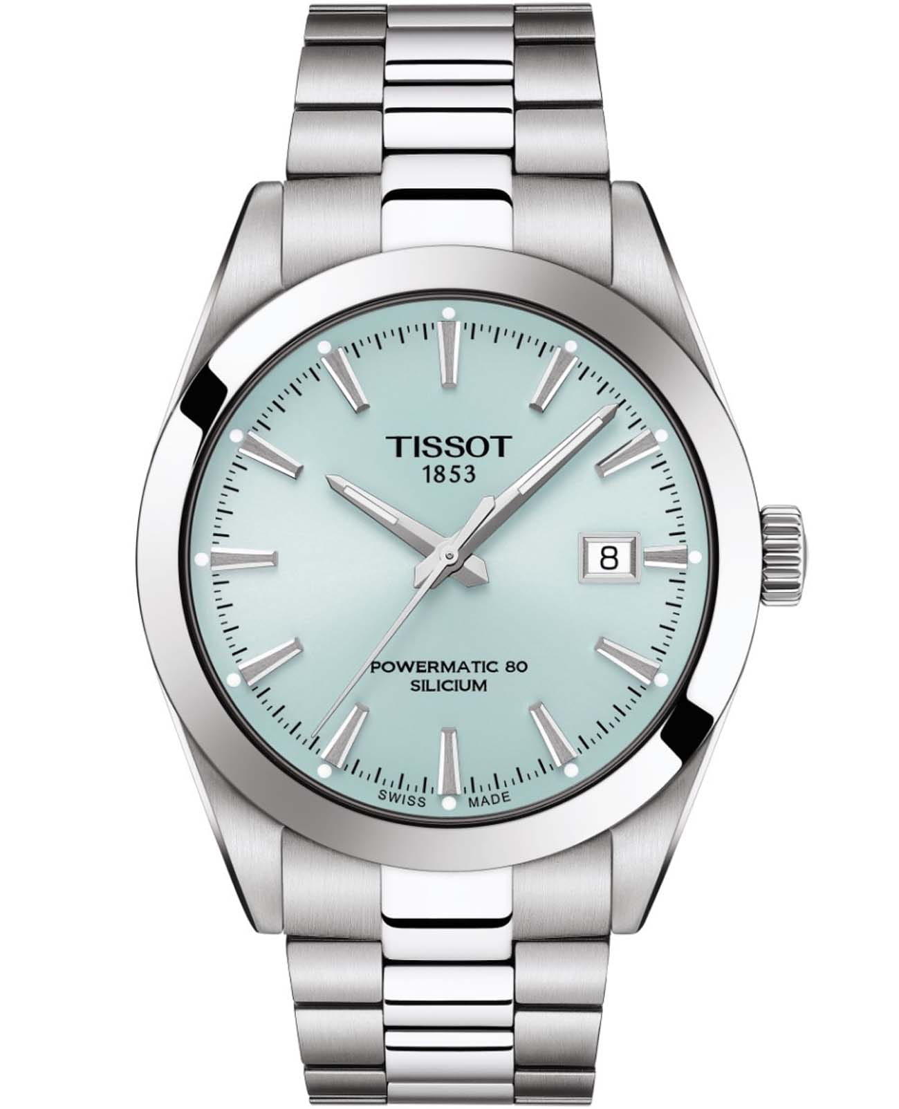 Tissot Tissot Gentleman Powermatic 80 Silicium T127.407.11.351.00 Gentleman T1274071135100 механические мужские часы бирюзовый циферблат, браслет нержавеющая сталь — вид спереди