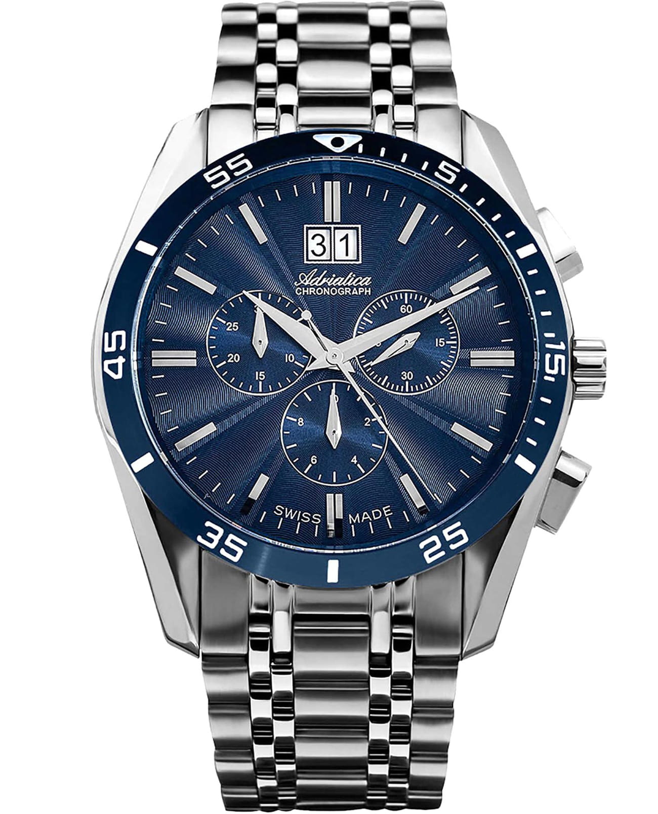 Adriatica Adriatica Chronograph A8202.T115CH  A8202.T115CH кварцевые мужские часы синий циферблат, браслет нержавеющая сталь — вид спереди
