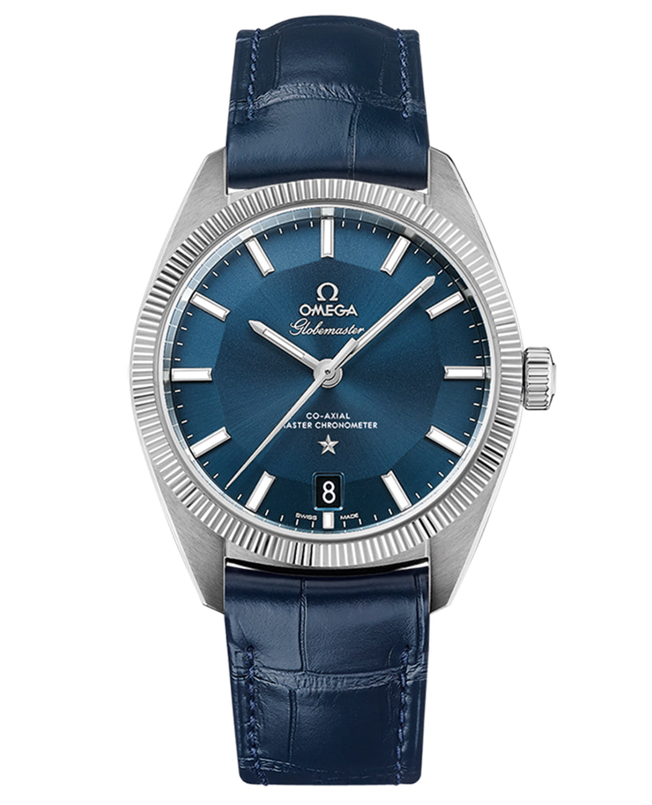 Omega Omega Constellation Globemaster 130.33.39.21.03.001 Globemaster 13033392103001 механические мужские часы синий циферблат, браслет кожаный — вид спереди