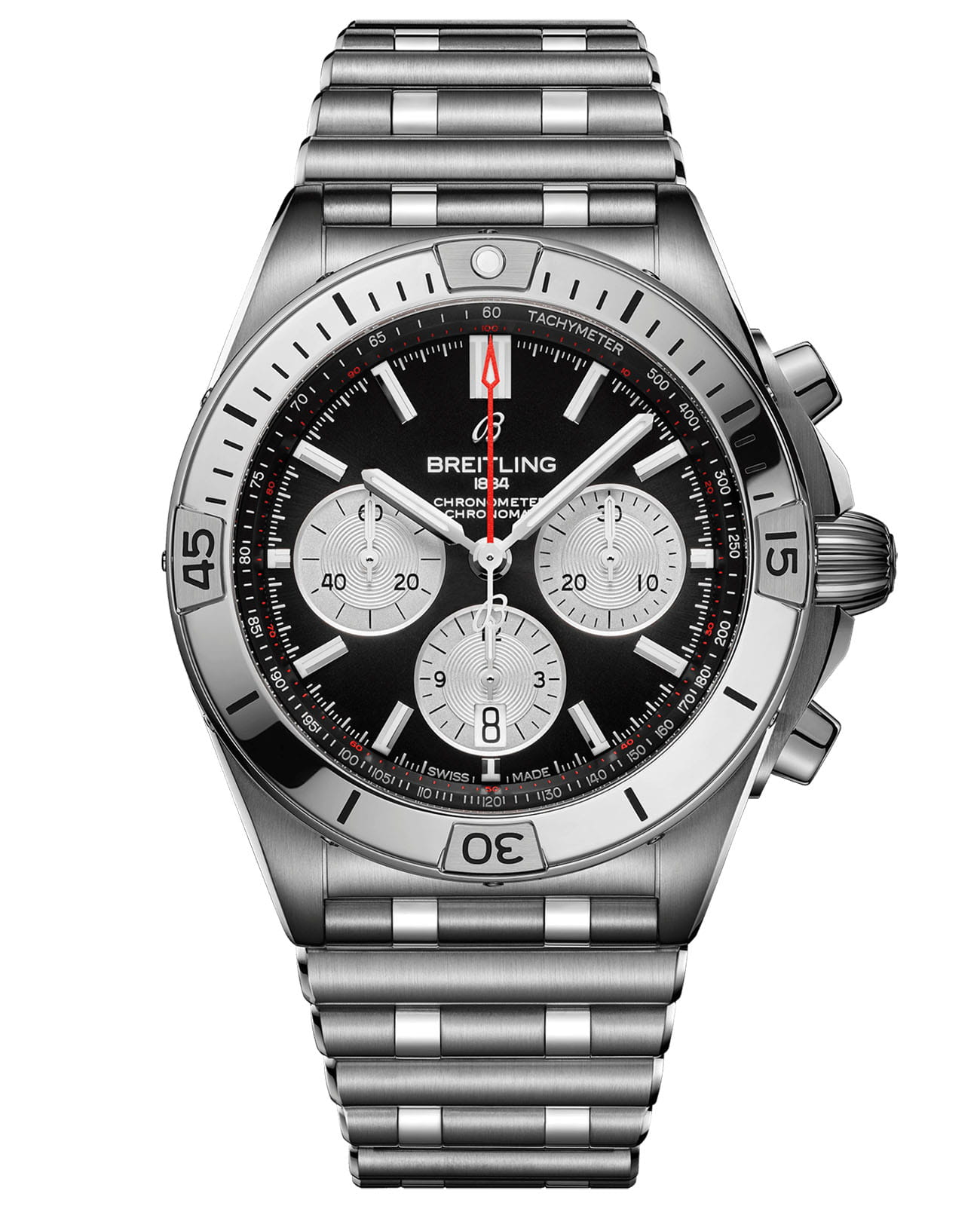 Breitling Breitling Chronomat B01 42 AB0134101B1A1  AB0134101B1A1 механические мужские часы черный циферблат, браслет нержавеющая сталь — вид спереди