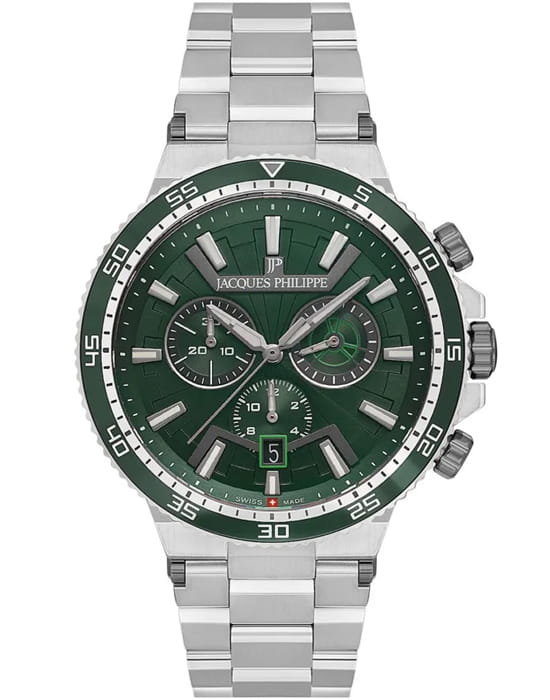 Jacques Philippe Jacques Philippe Dynamo JPQGC4473X6SB  JPQGC4473X6SB кварцевые мужские часы зеленый циферблат, браслет нержавеющая сталь — вид спереди