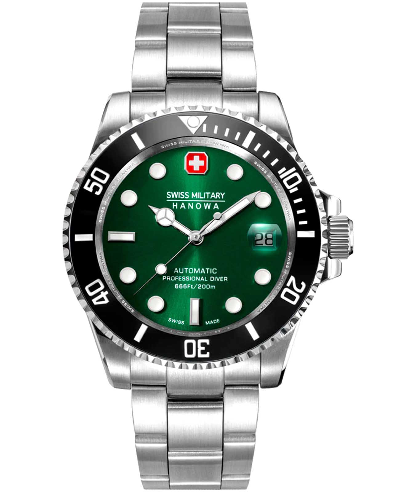Swiss Military Hanowa Swiss Military Hanowa Sealord SMWGL0006302  SMWGL0006302 механические мужские часы зеленый циферблат, браслет нержавеющая сталь — вид спереди