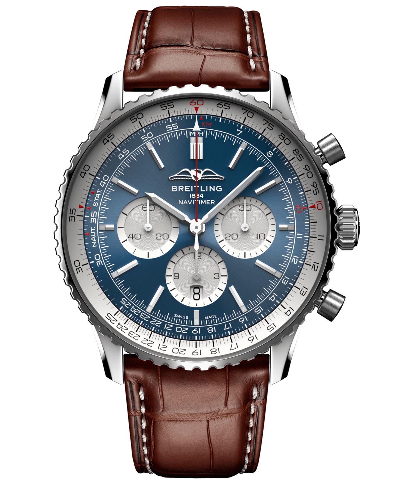 Breitling Breitling Navitimer B01 Chronograph 46 AB0137211C1P1  AB0137211C1P1 механические мужские часы синий циферблат, браслет кожаный — вид спереди