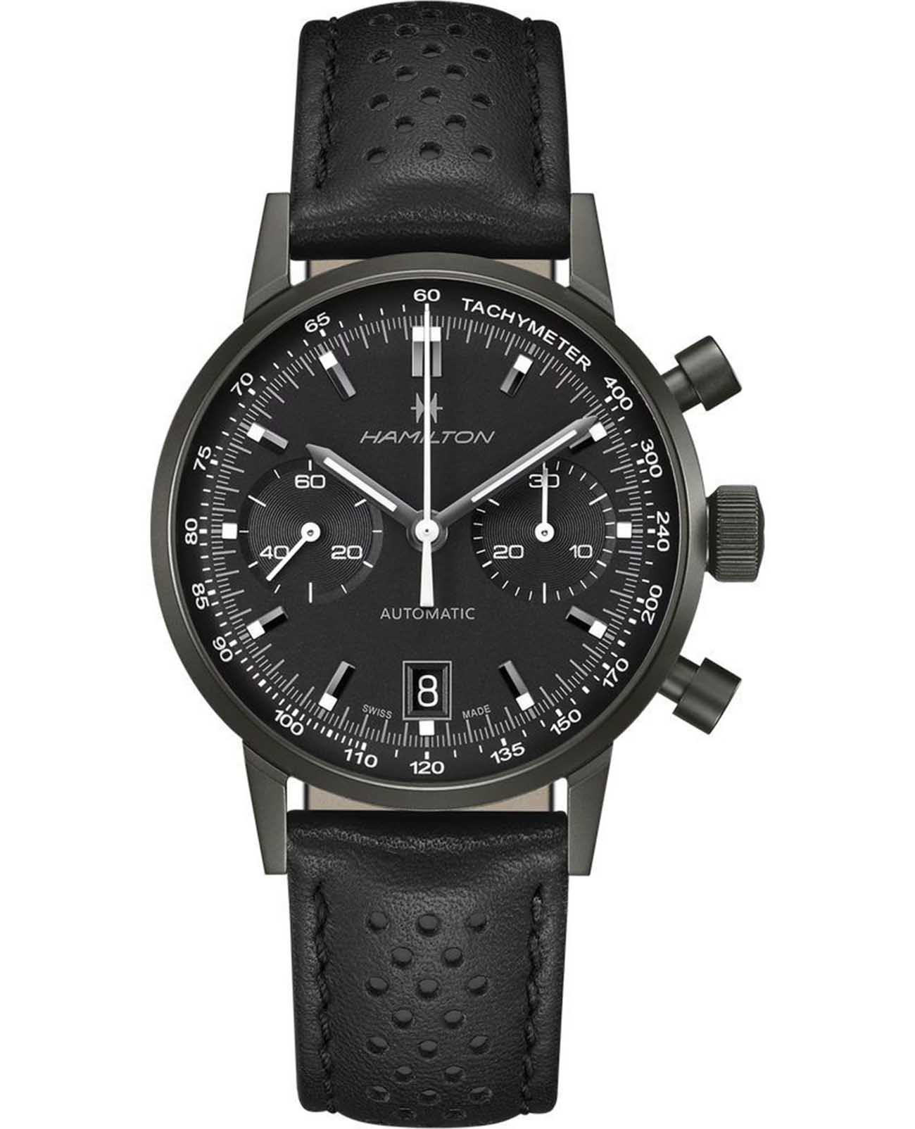 Hamilton Hamilton American Classic Intra-matic Autochrono Full Black H38446730  H38446730 механические мужские часы черный циферблат, браслет кожаный — вид спереди