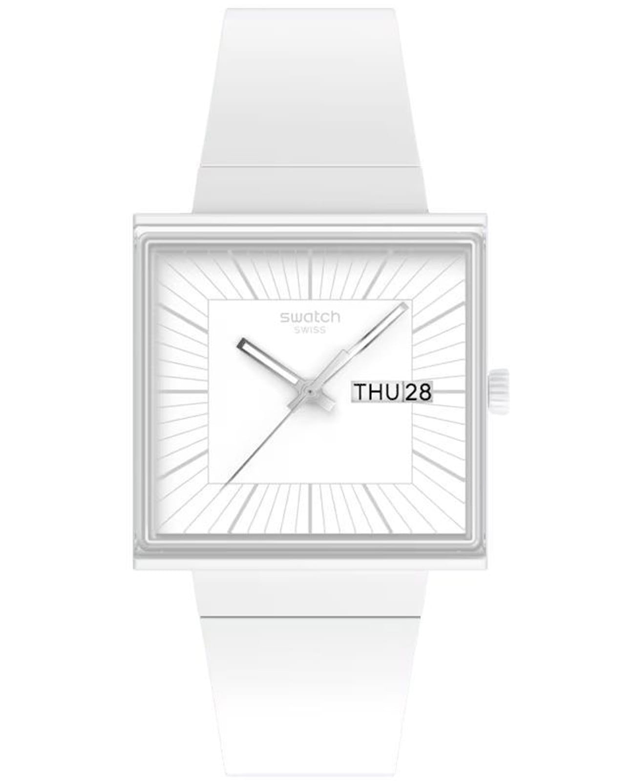 Swatch Swatch Square Bioceramic Standard SO34W700  SO34W700 кварцевые мужские часы белый циферблат, браслет биоматериал — вид спереди