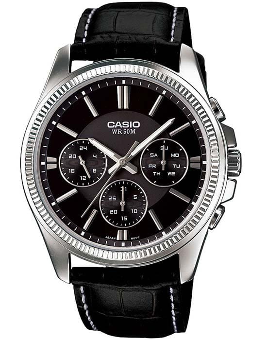 Casio Casio  Collection MTP-1375L-1AVDF (MTP-1375L-1A)  MTP-1375L-1A кварцевые мужские часы черный циферблат, браслет кожаный — вид спереди
