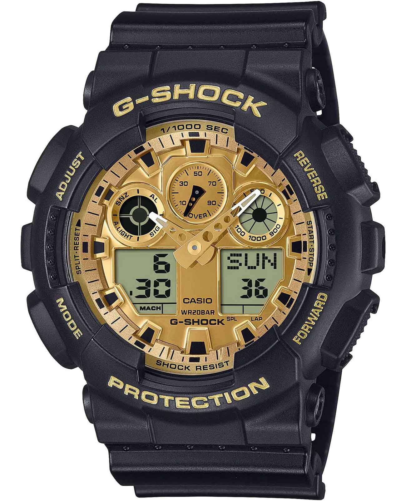 Casio Casio G-SHOCK GA-100GGB-1A9  GA-100GGB-1A9 кварцевые мужские часы золотой циферблат, браслет пластик — вид спереди
