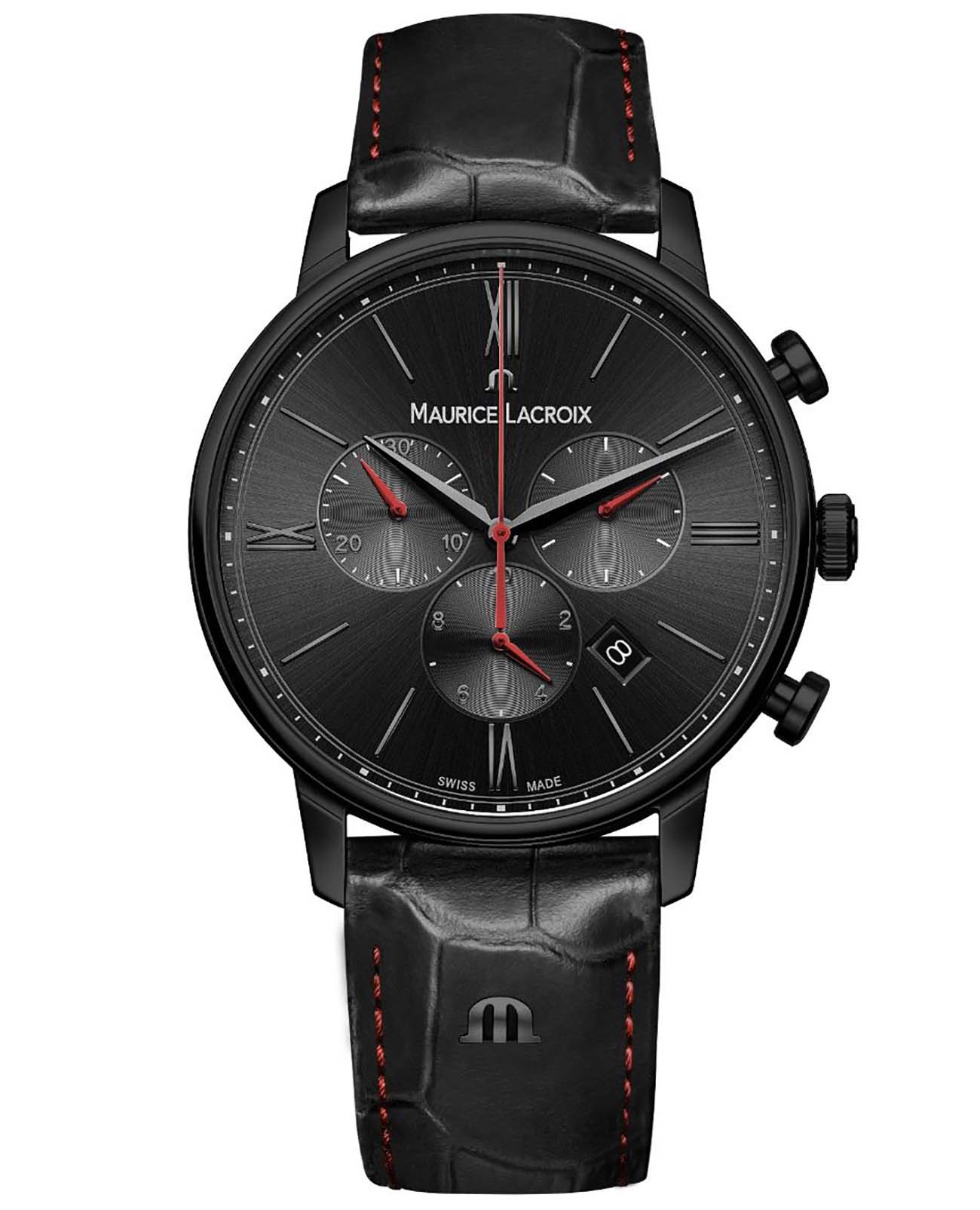 Maurice Lacroix Maurice Lacroix Eliros Chronograph EL1098-PVB01-310-1  EL1098-PVB01-310-1 кварцевые мужские часы черный циферблат, браслет кожаный — вид спереди