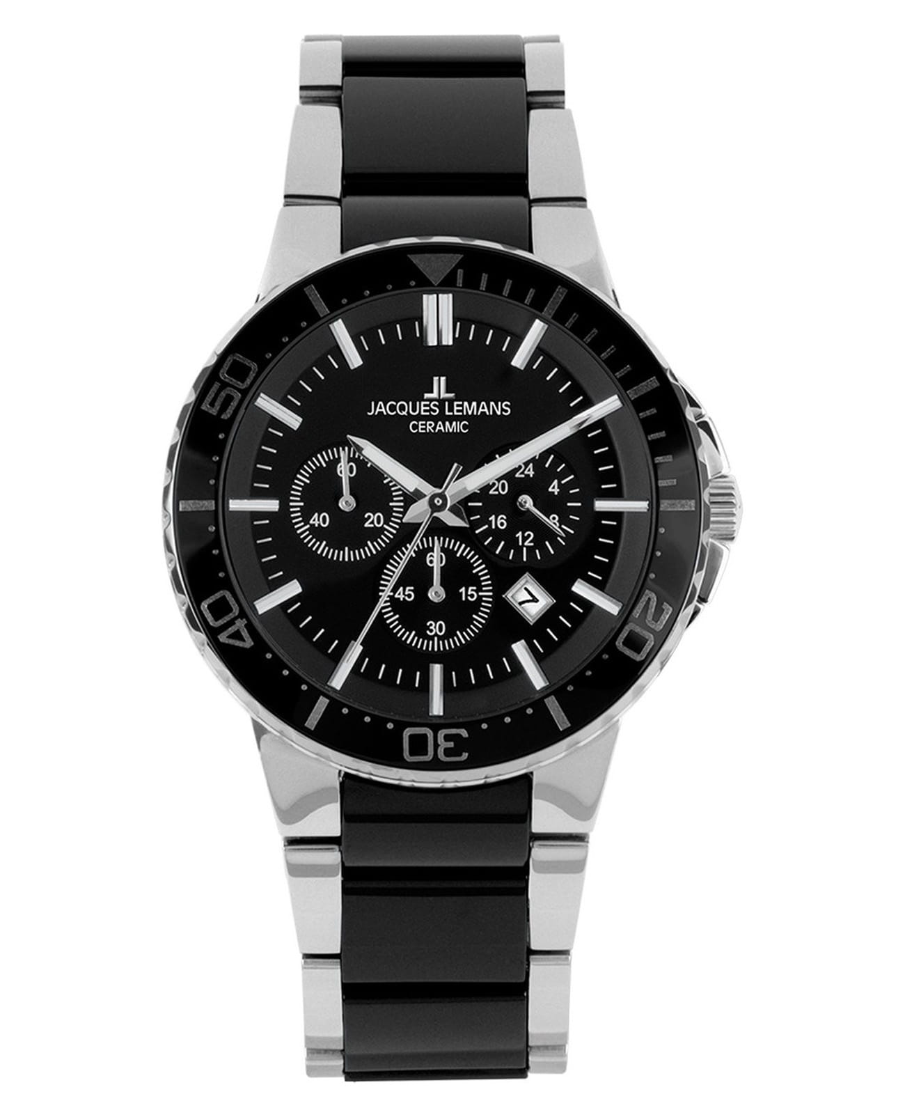 Jacques Lemans Jacques Lemans High Tech Ceramic 1-2166A  1-2166A кварцевые мужские часы черный циферблат, браслет сталь + керамические вставки — вид спереди