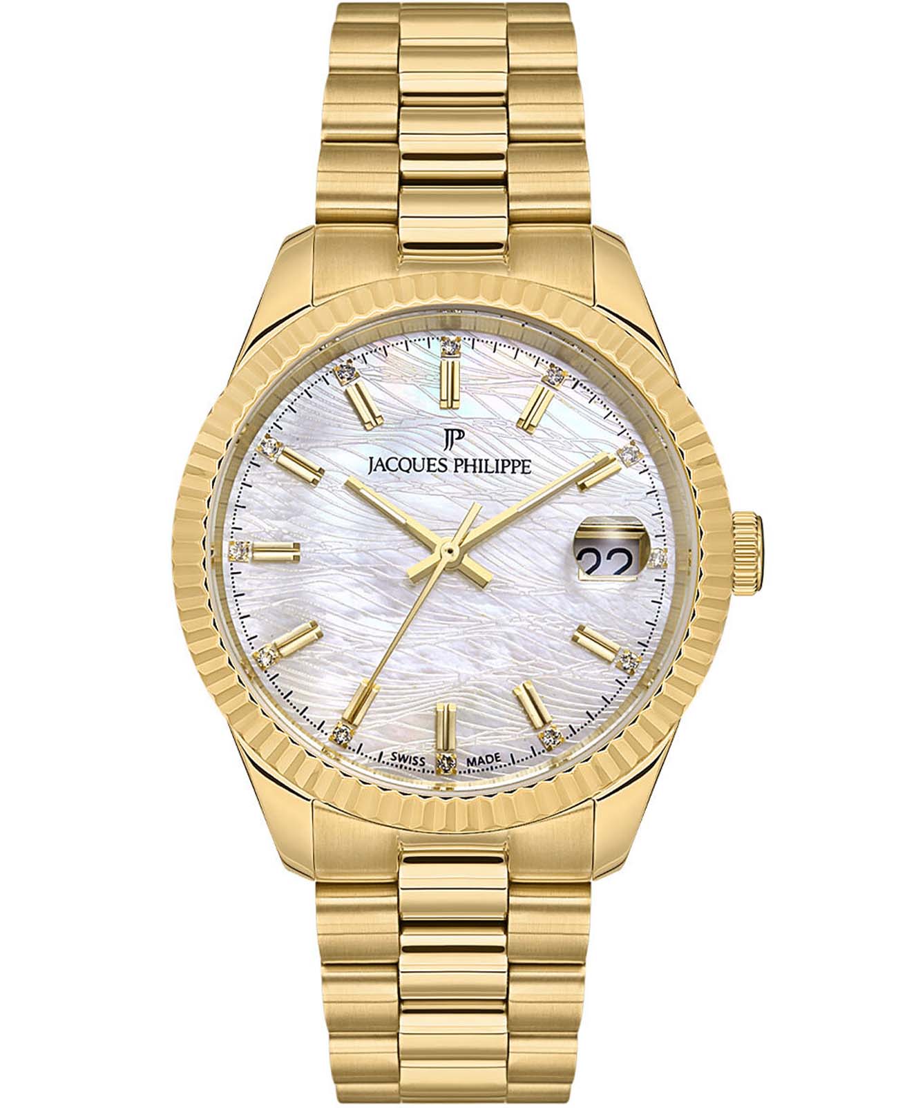 Jacques Philippe Jacques Philippe Solis JPQLS242384  JPQLS242384 кварцевые женские часы перламутровый циферблат, браслет нержавеющая сталь с ip-покрытием — вид спереди